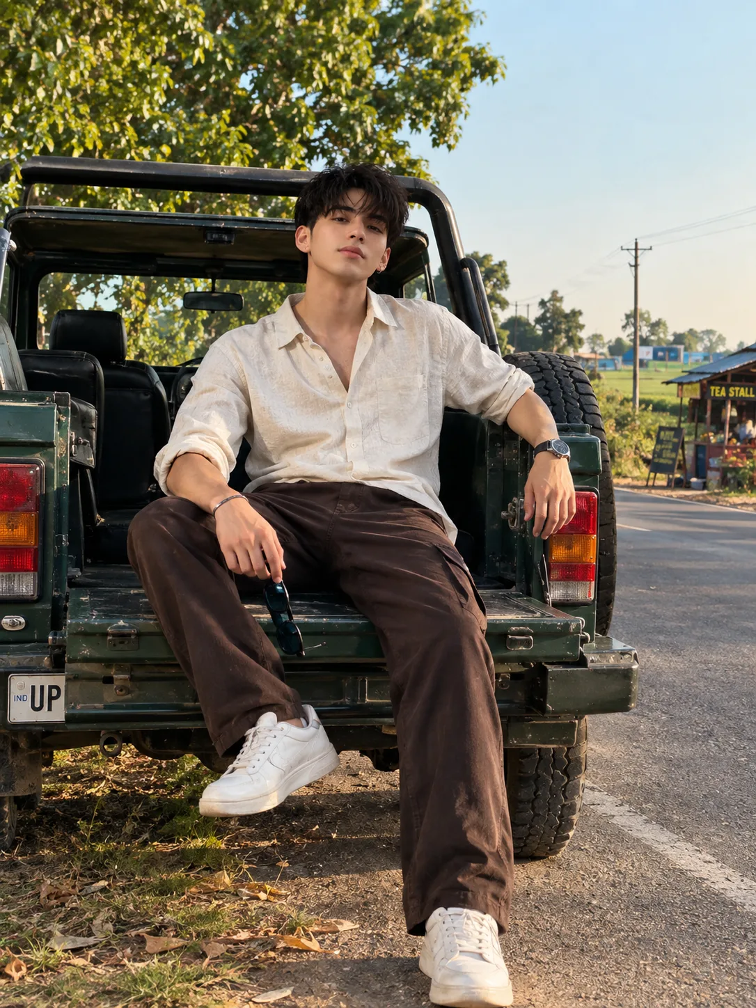 Full body photograph of a young man casually sitting on the