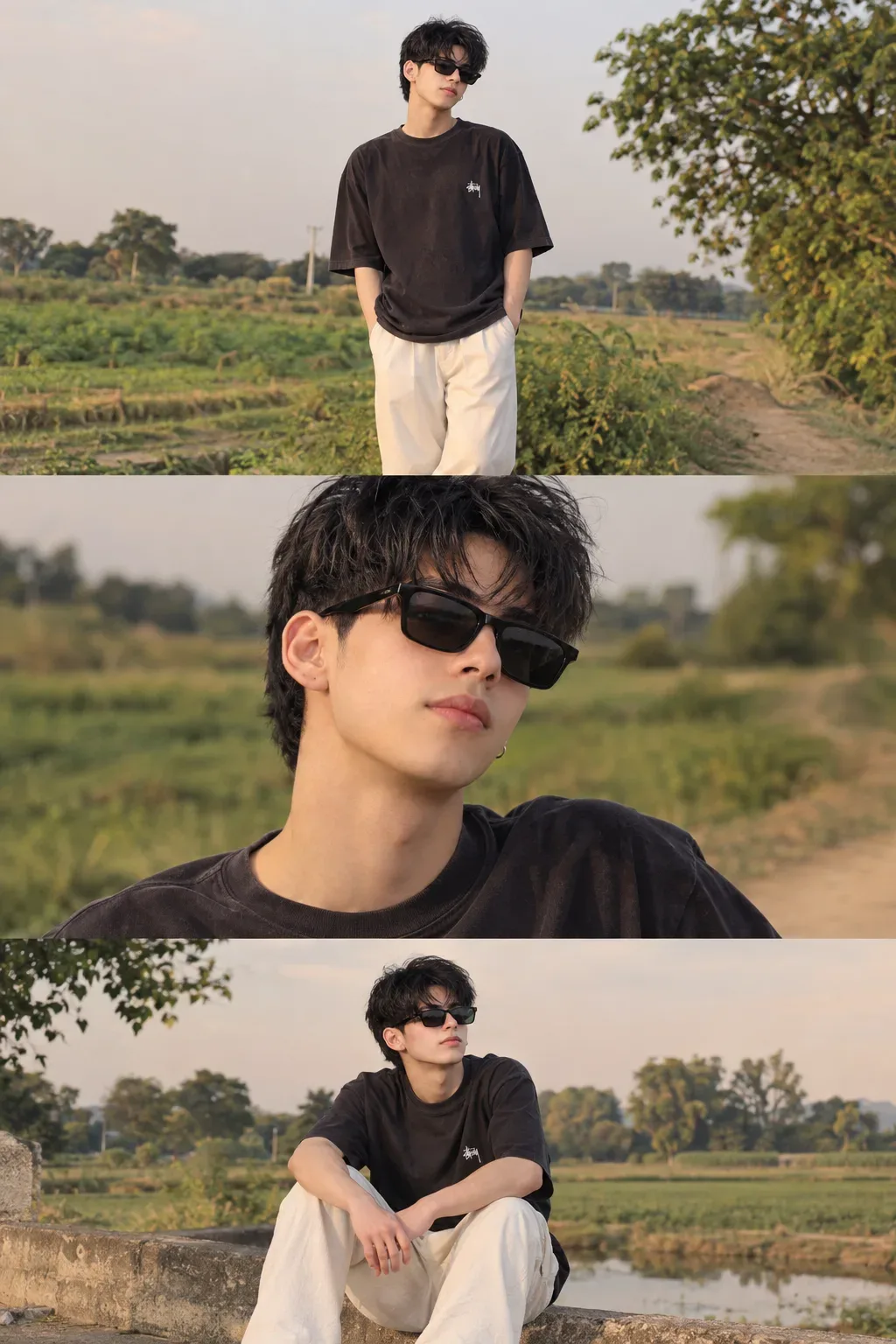 ultra-realistic cinematic vertical 3-frame photo portrait