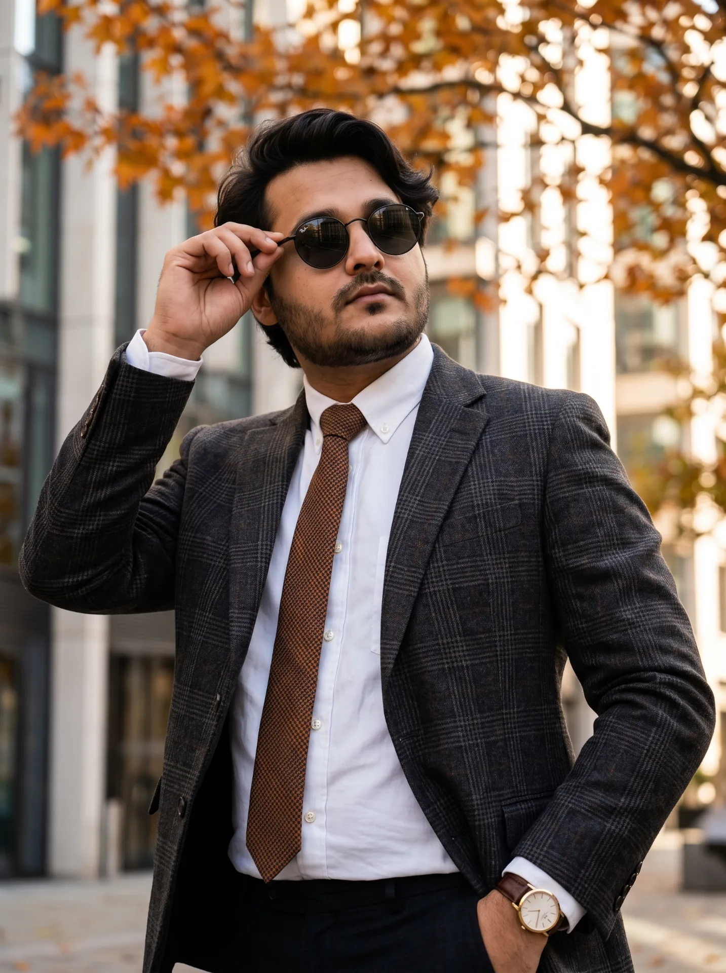 A medium shot of a stylish man with messy dark hair