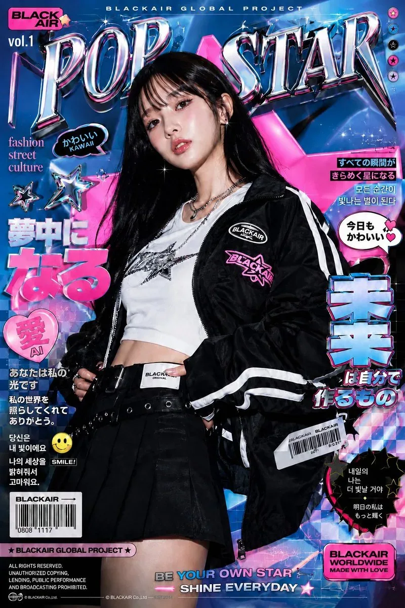 Vertical 4:5 futuristic Japanese/Korean street-fashion magazine cover inspired by the reference