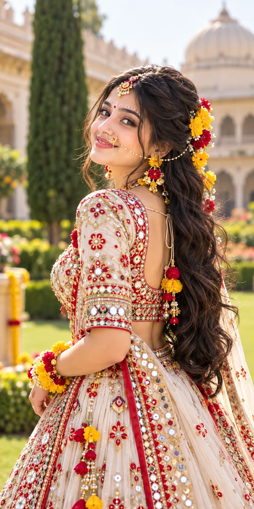 Gujarati Bridal Look ❤️ | Red White Lehenga & Floral Jewelry