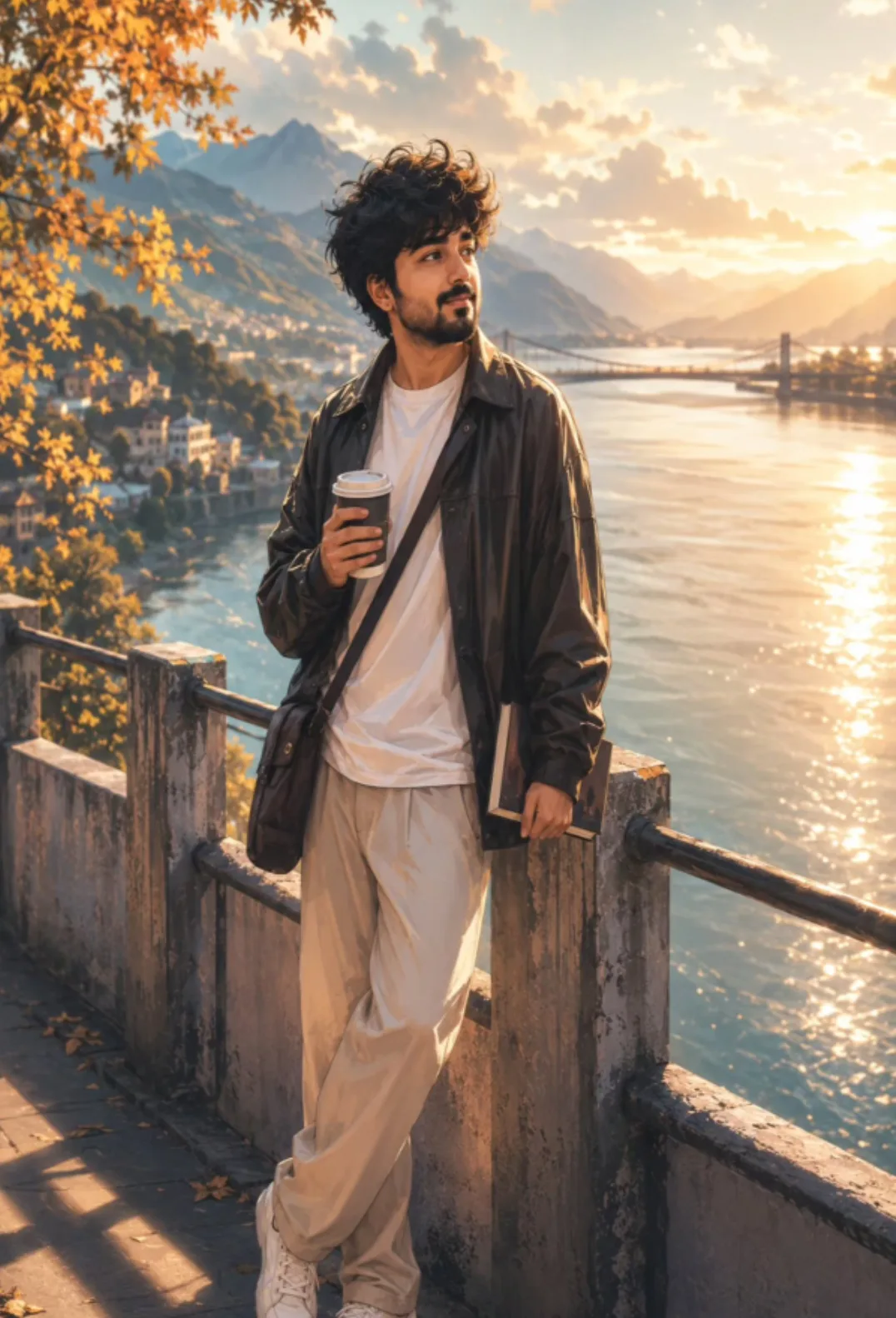 Cinematic anime illustration of a handsome young man standing alone beside