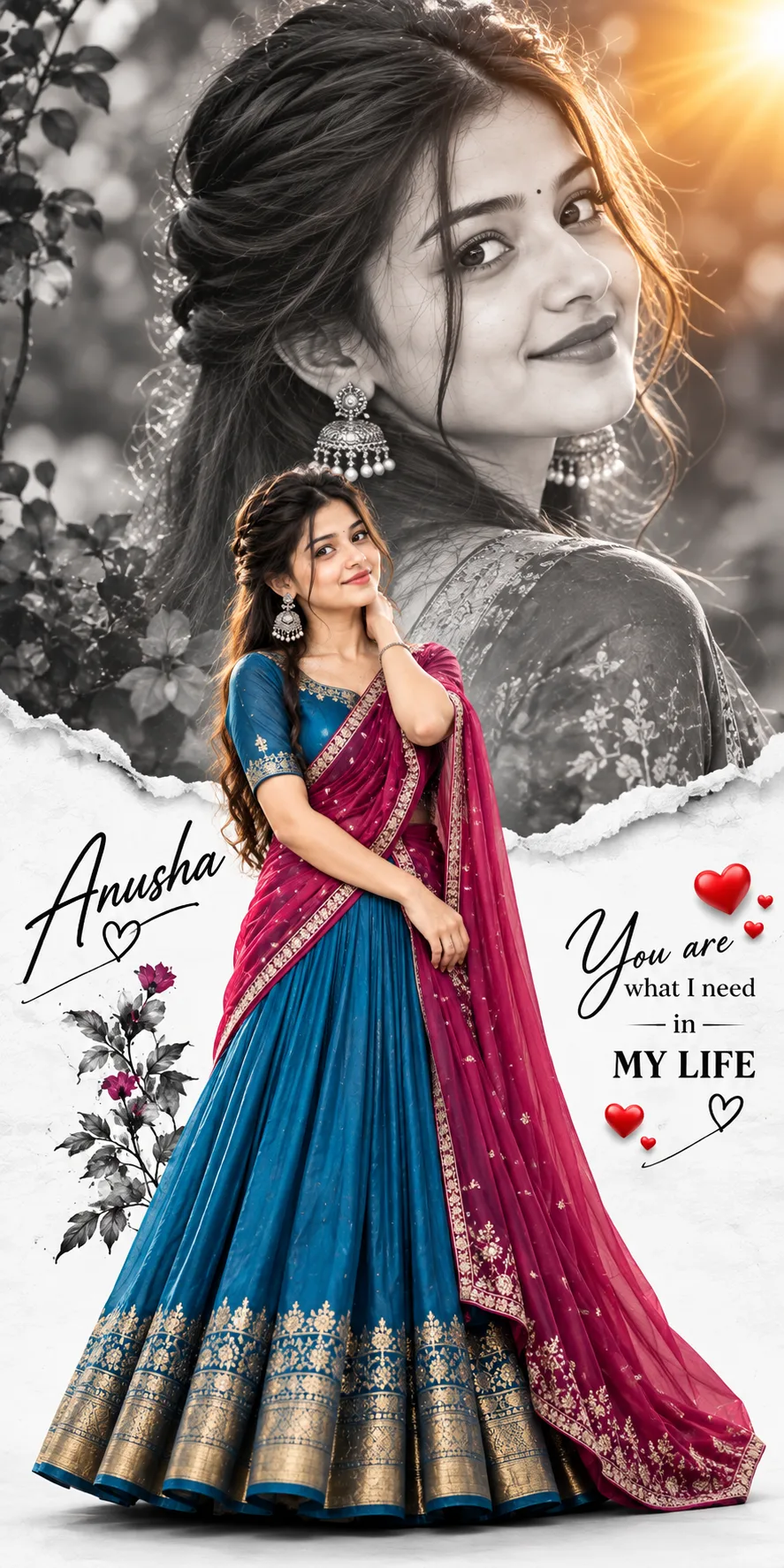 💙 Royal Blue & Magenta Traditional Look ✨ | Romantic Girl Portrait ❤️ | AI Photo Editing Trend 2026