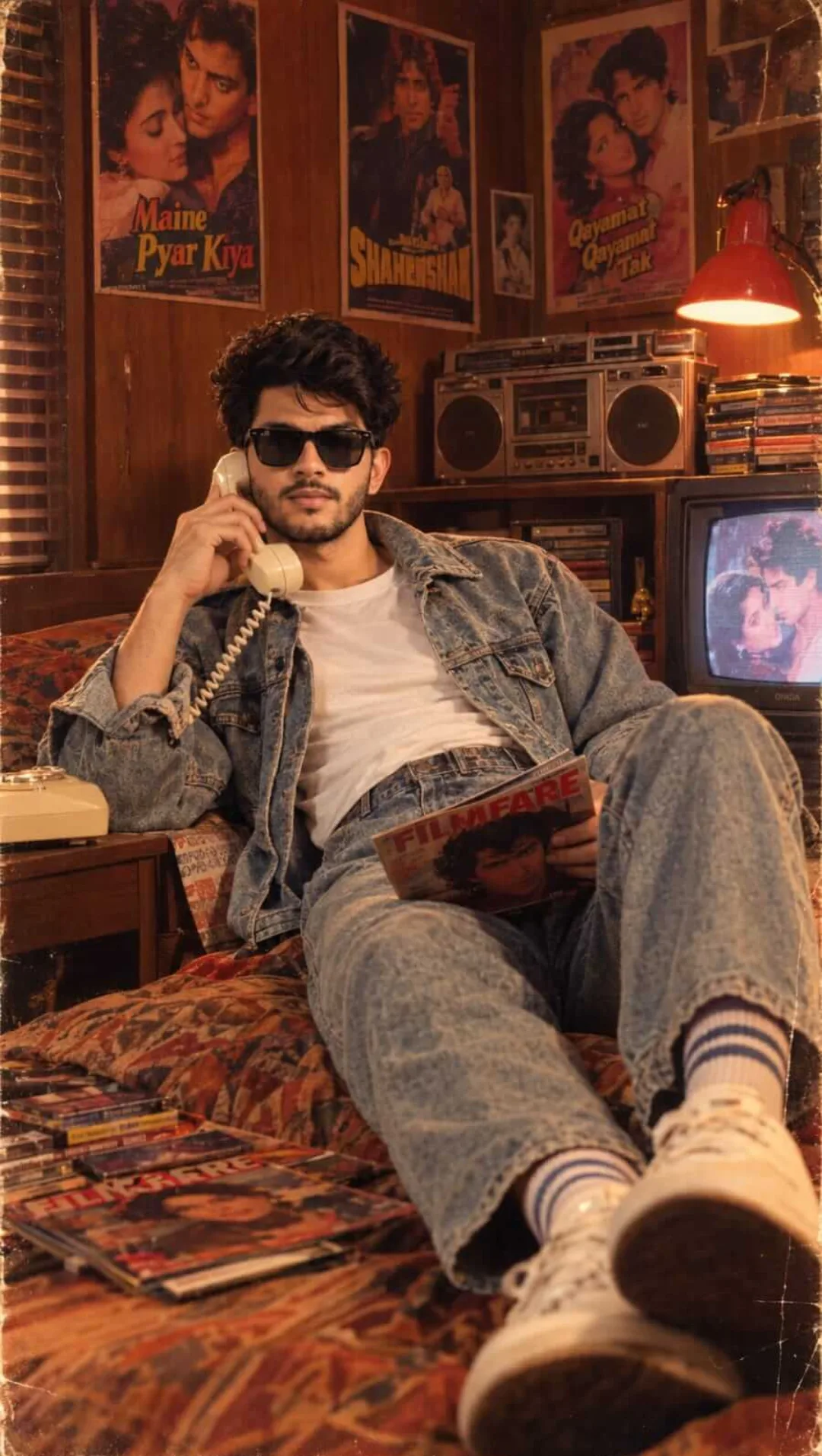Late-80s Bollywood Bedroom Portrait with Vintage Telephone, Denim and Film Aesthetic