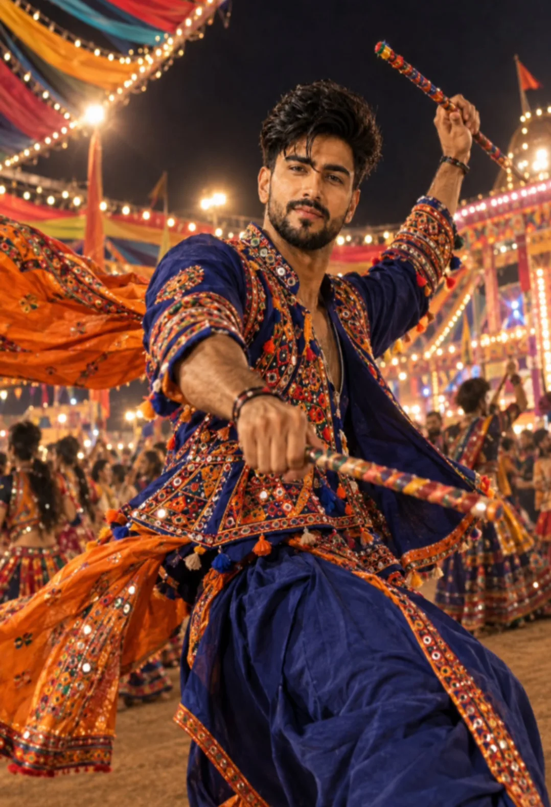 A realistic cinematic shot of a handsome 22-year-old Indian boy performing
