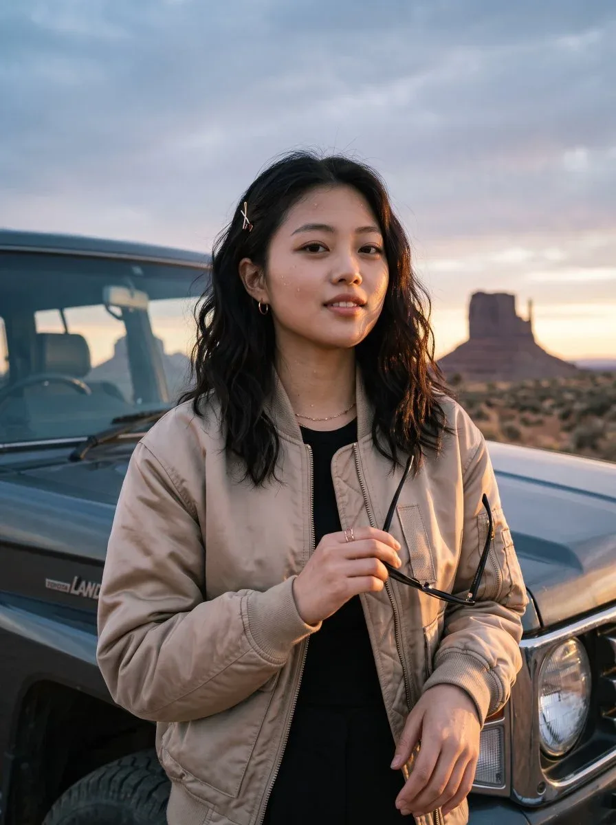 low-angle, stylish fashion portrait