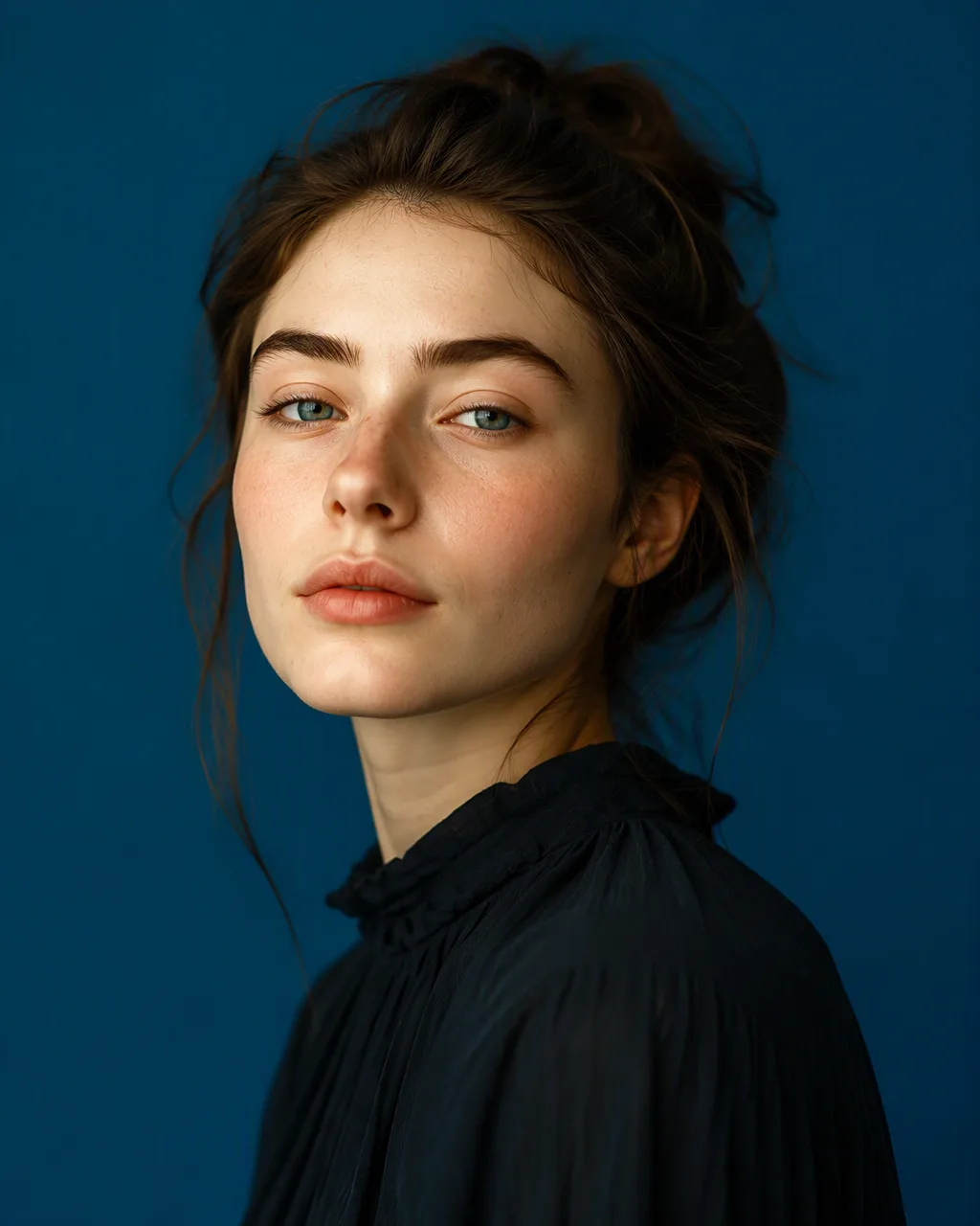 A studio portrait, medium shot of a woman