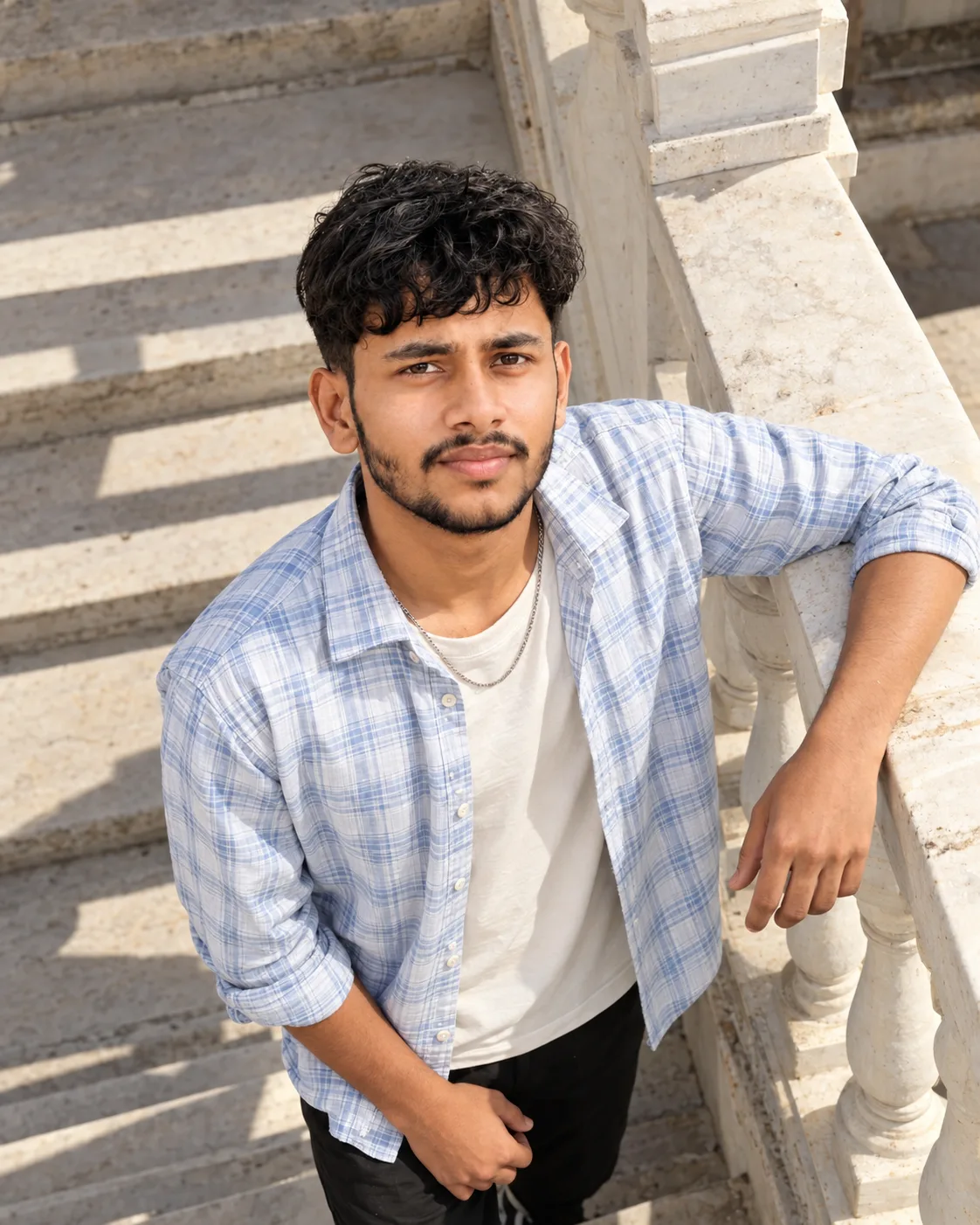 High-Angle Marble Staircase Portrait