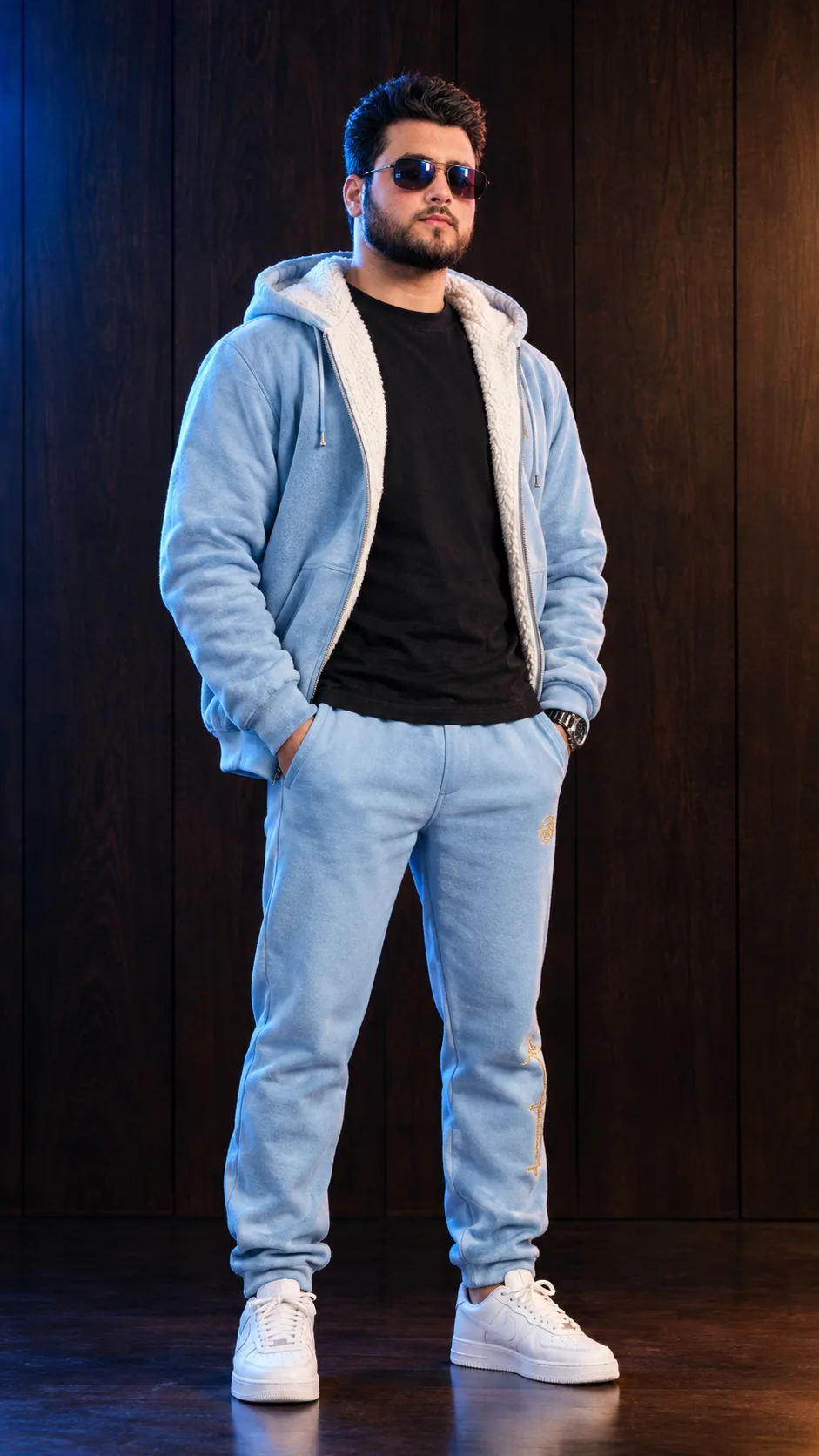 : Ultra-Realistic Sky Blue Sherpa Hoodie & Jogger Set | Cinematic Full-Body Portrait ✨