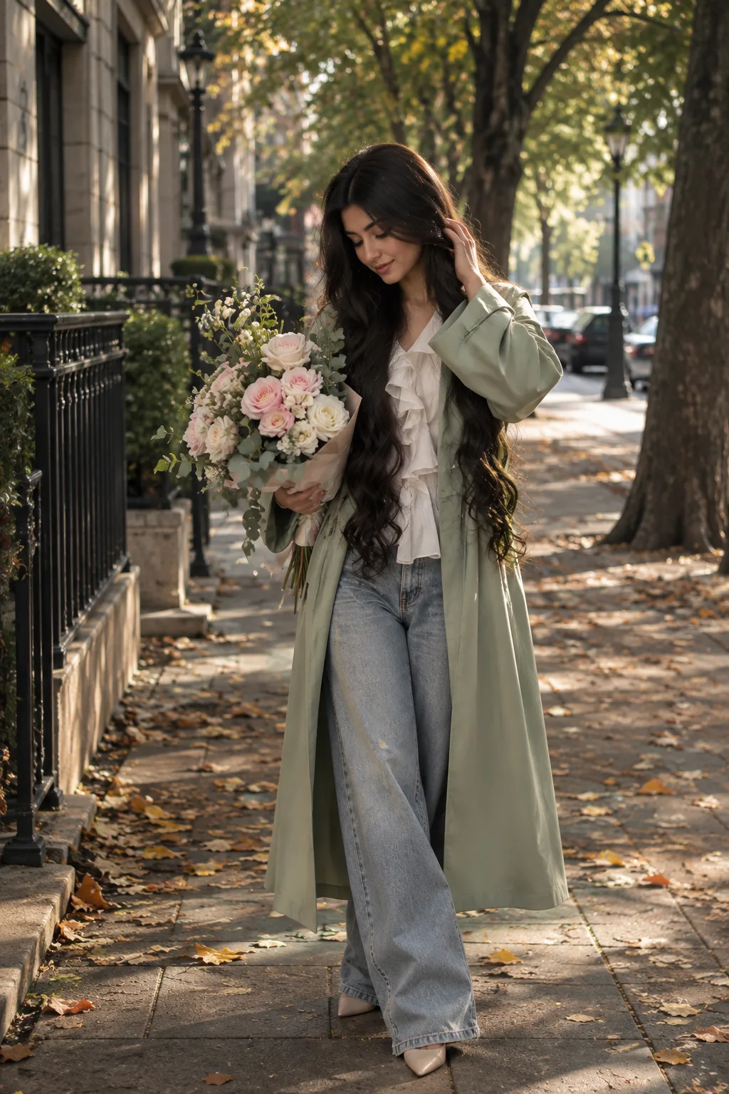 Image of a woman standing on a city sidewalk, partially shaded