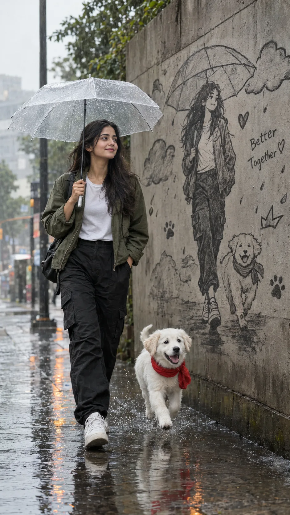 Create a cinematic, ultra-realistic rainy-day portrait of a beautiful young woman