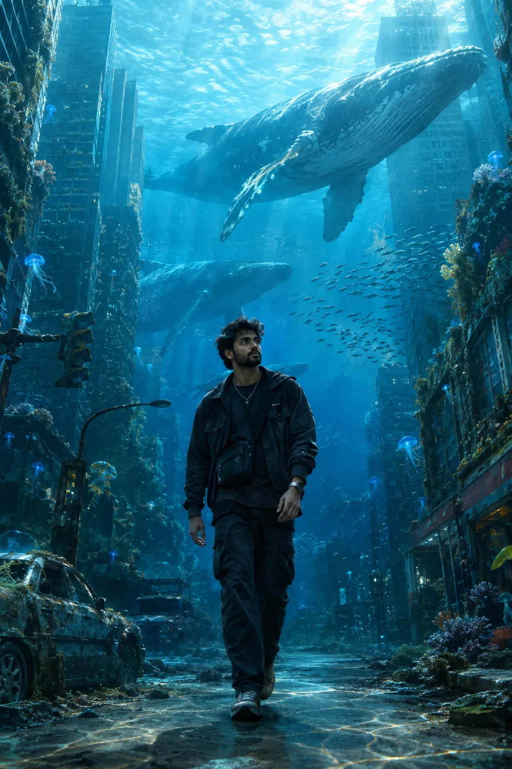 Cinematic photograph of a young handsome man calmly walking through a