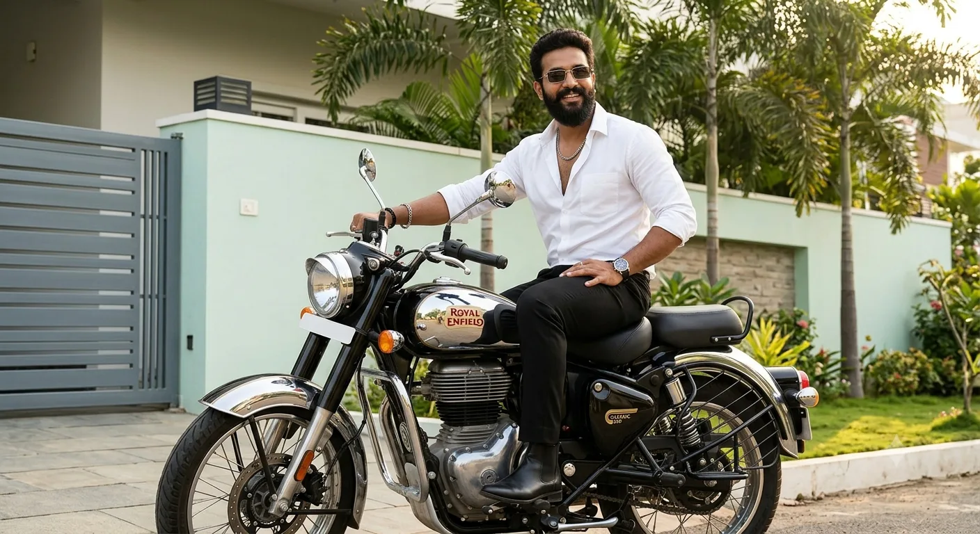 Here is the title for your image: * Title: Confident Ride with Royal Enfield