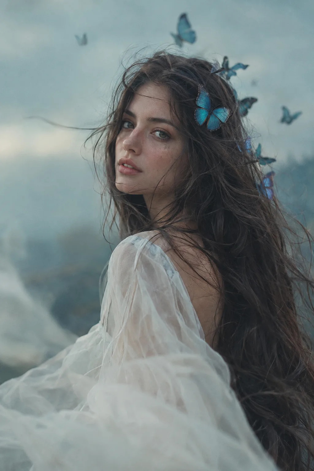 Highly realistic cinematic portrait photograph of a young adult woman standing