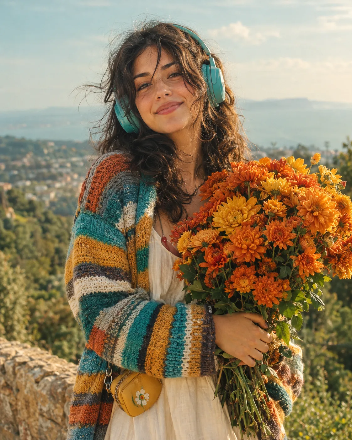 Realistic, beautiful portrait of an adult woman enjoying a warm sunny