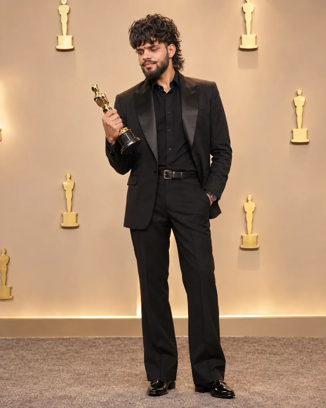 Highly photorealistic, premium cinematic full-body award-ceremony portrait of ME