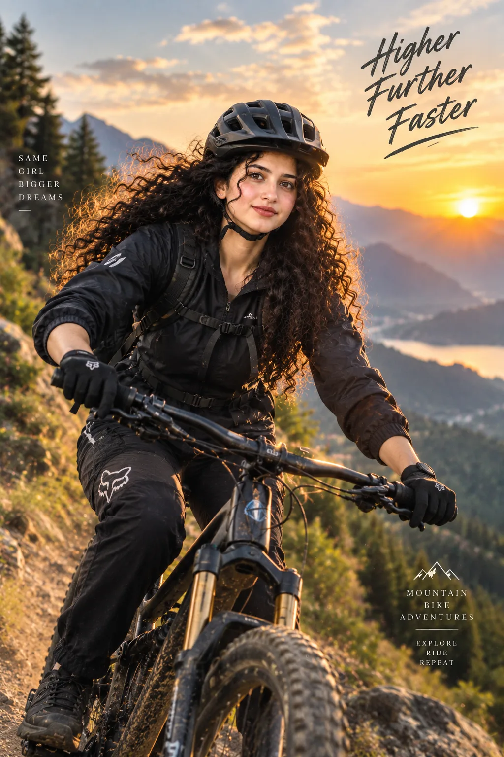 Ultra-photorealistic cinematic mountain-bike adventure portrait of ME, using my uploaded personal