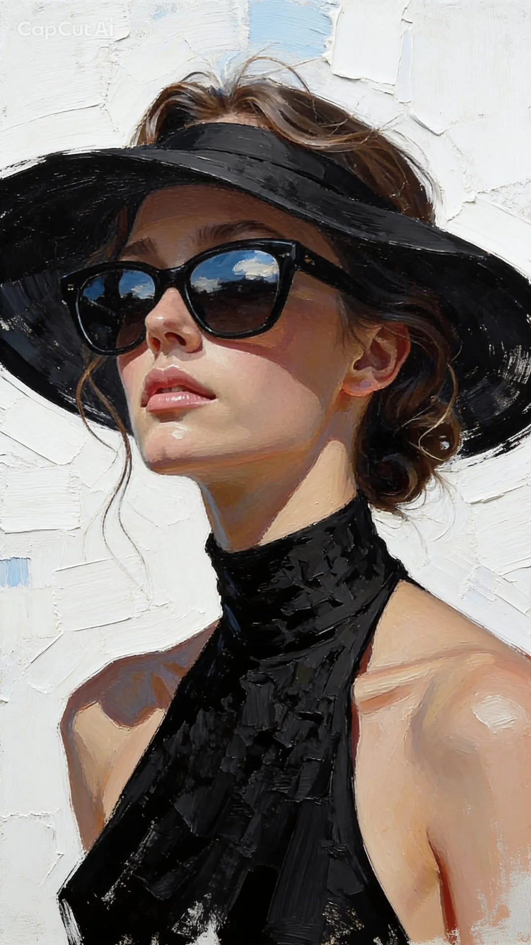 A high-fashion editorial mixed-media portrait of a chic woman, blending realistic
