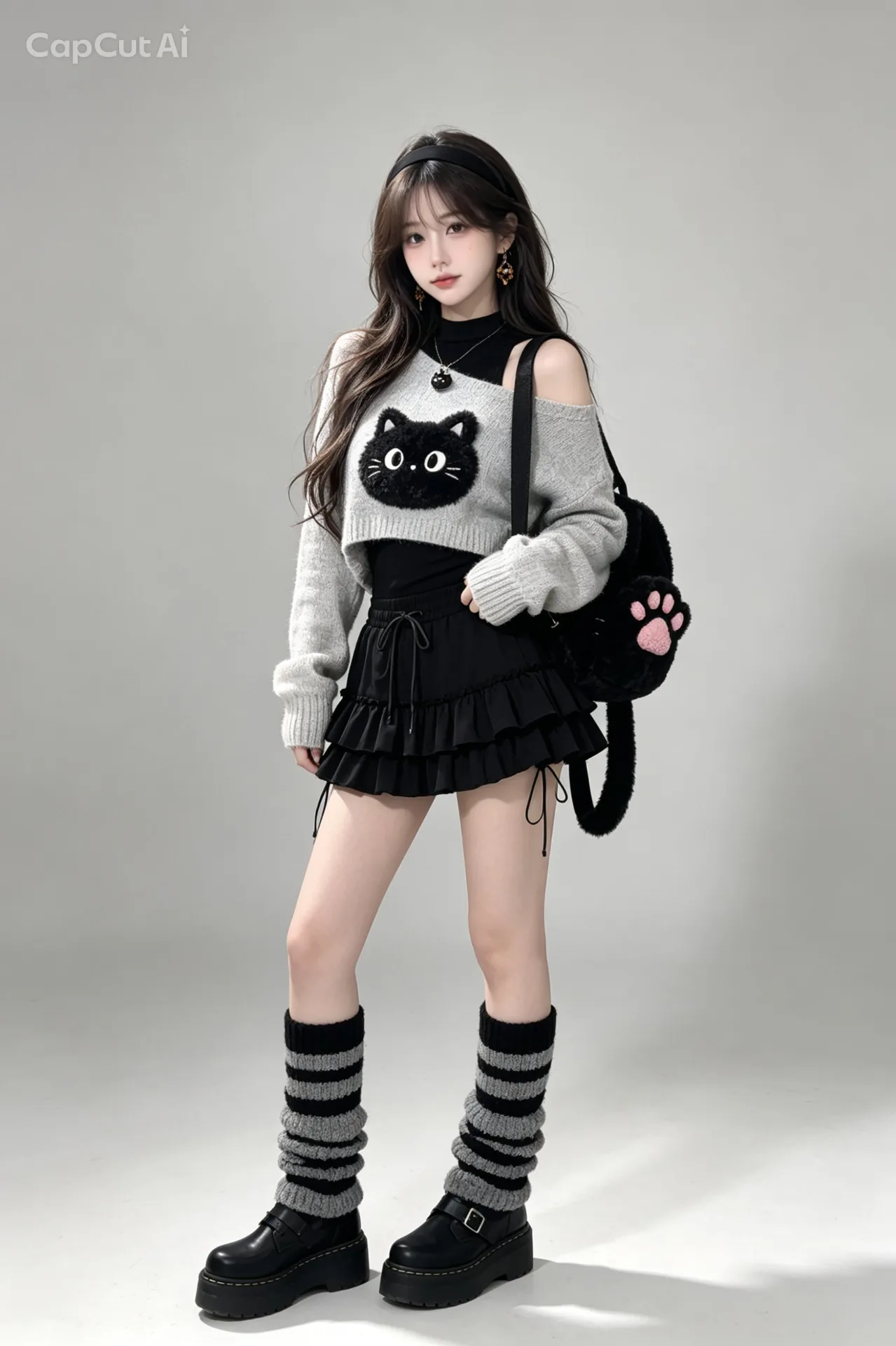 shot in a grey knit cat sweater