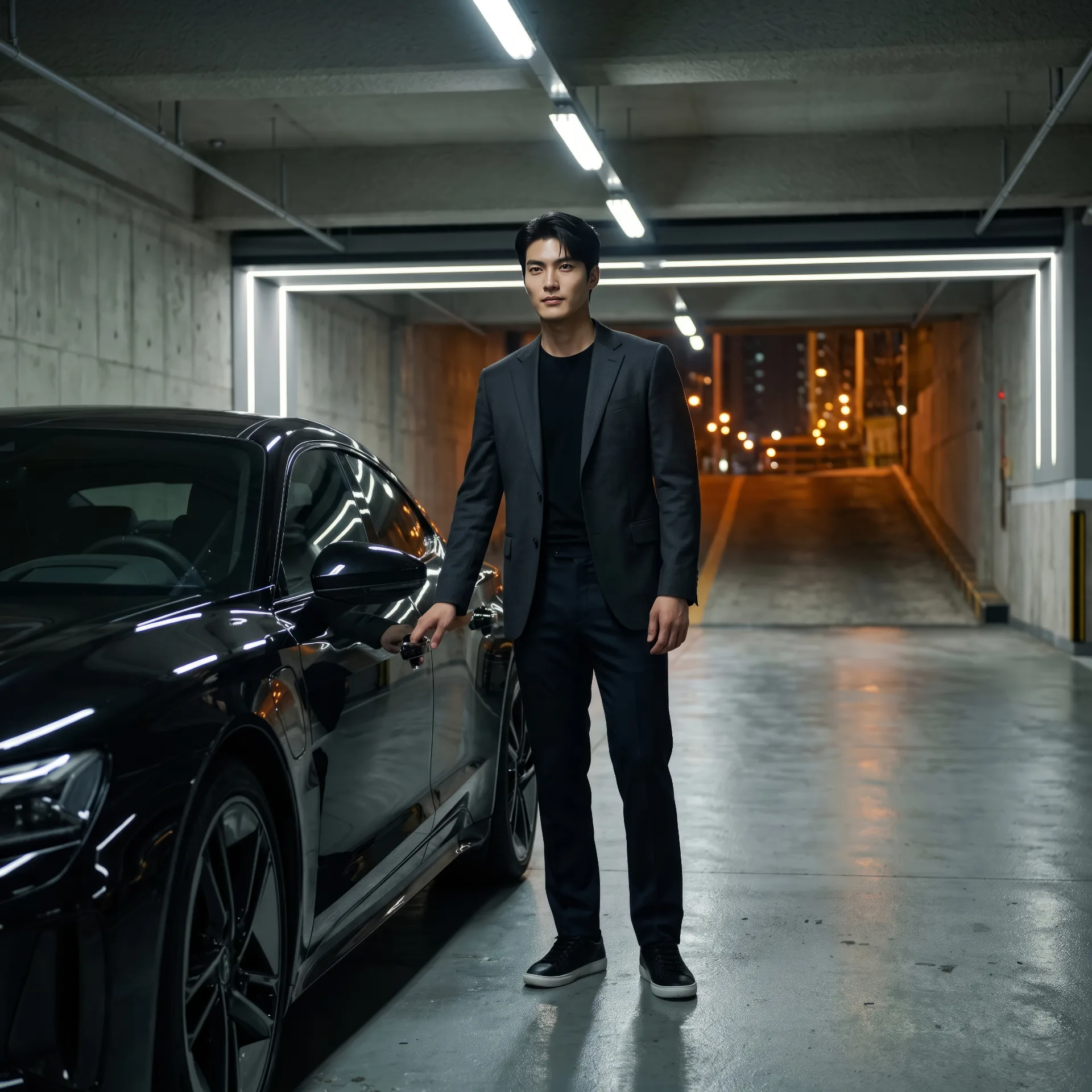 Man standing beside Luxury Car