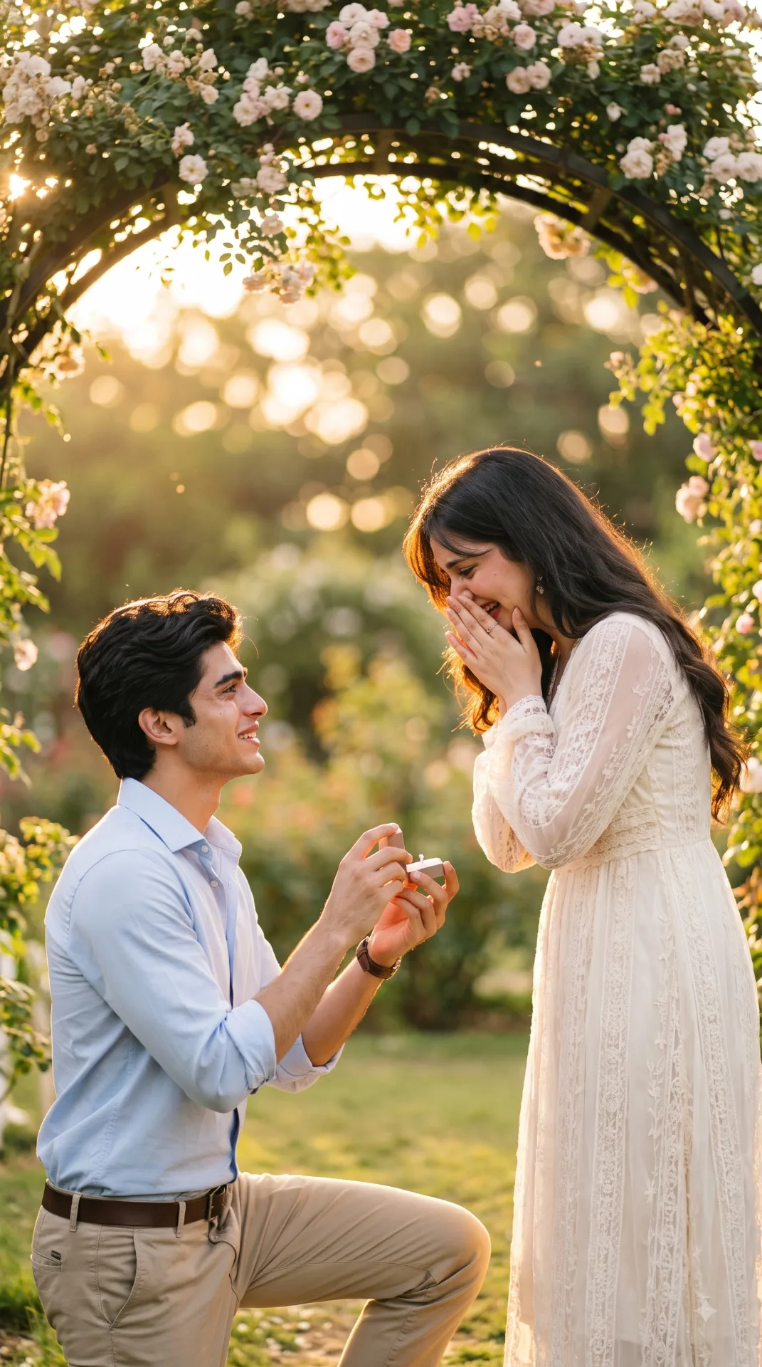 "Garden Proposal Milestone Couple Portrait"