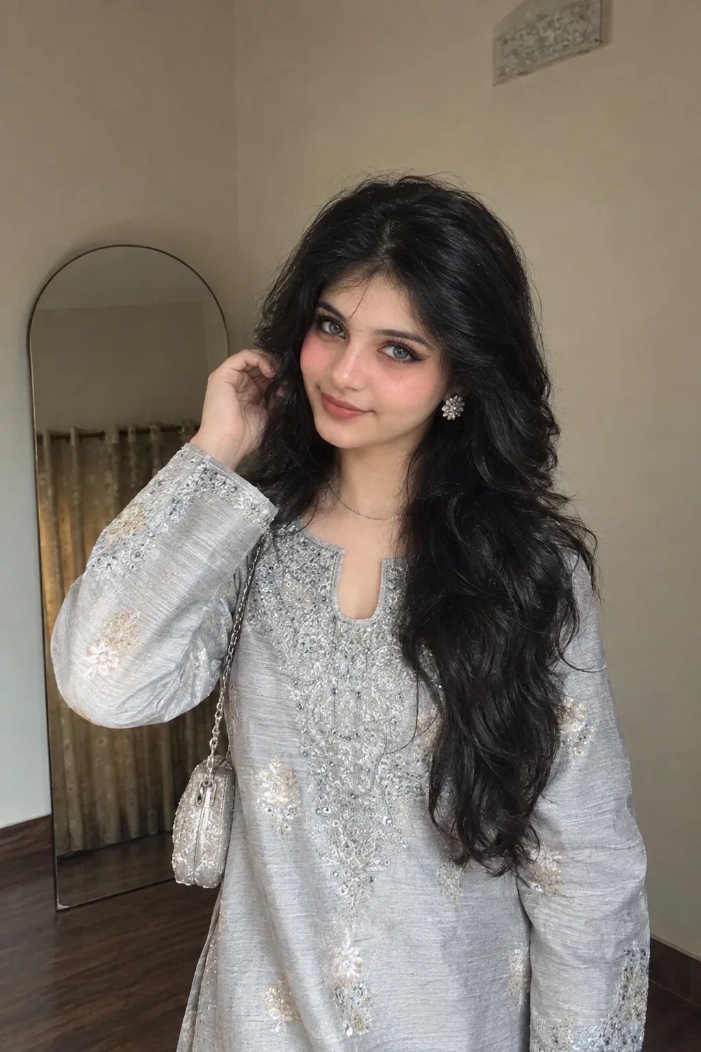 Photorealistic portrait of a young woman wearing an elegant silver-grey traditional