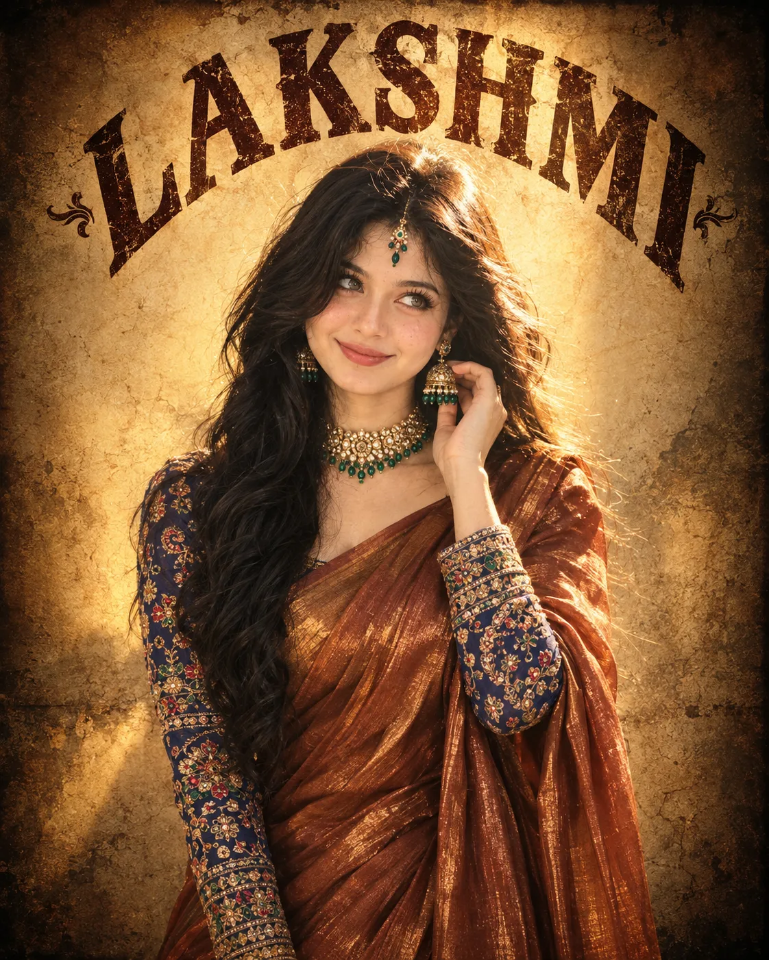 A photorealistic cinematic poster of a beautiful smiling Indian woman with