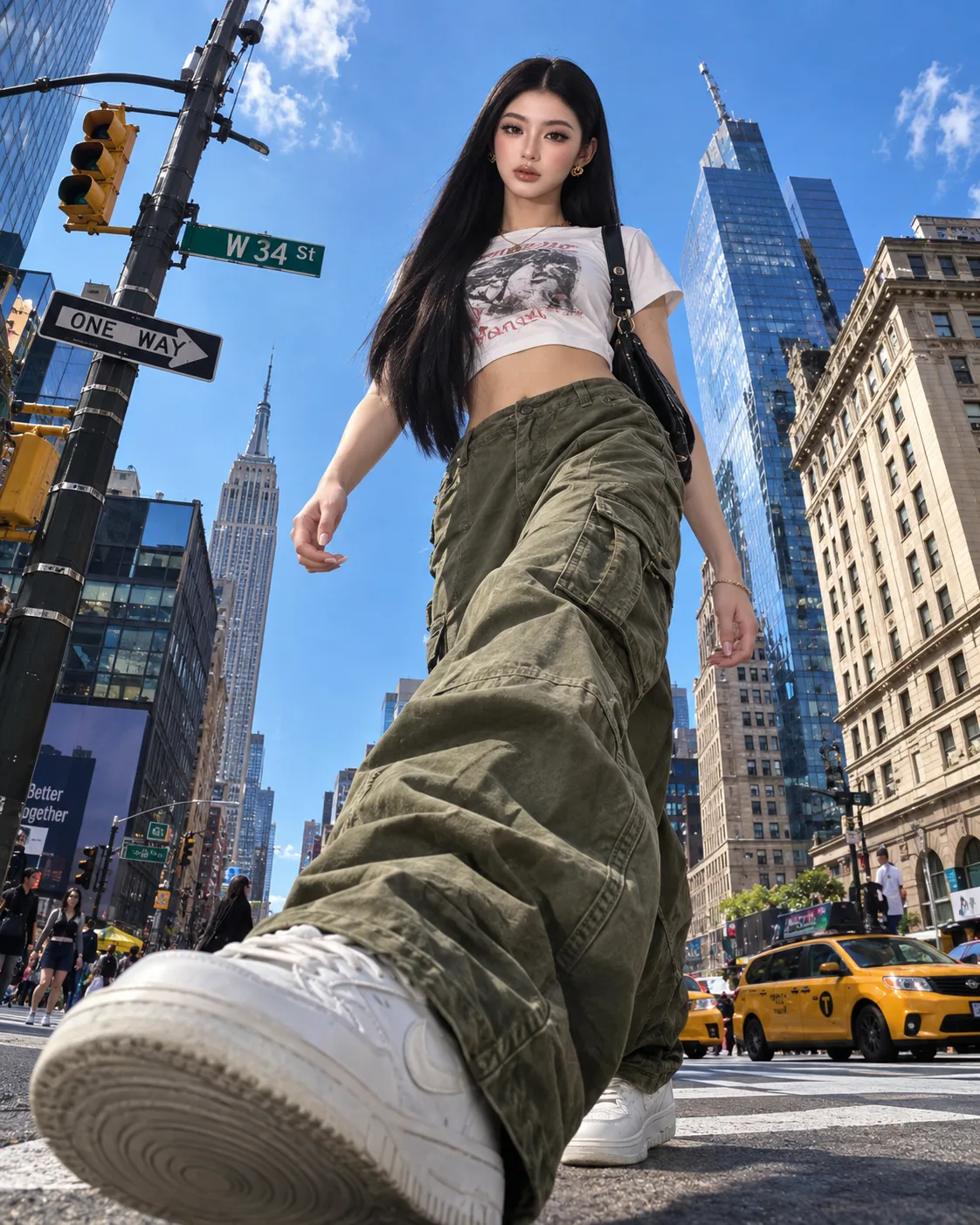 Create a hyper-realistic, high-resolution fashion photo using a dramatic low-angle perspective