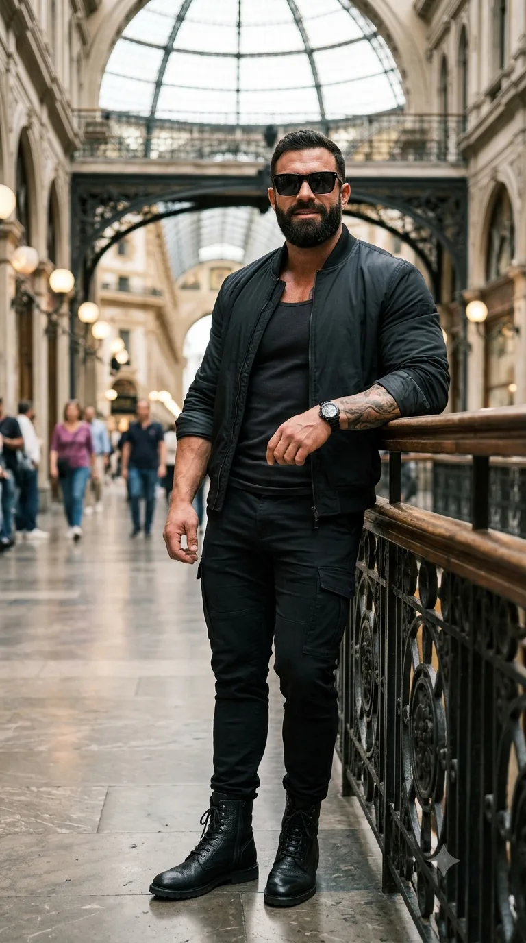 Ultra-detailed portrait of stylish, muscular bodybuilder man leaning casually against a