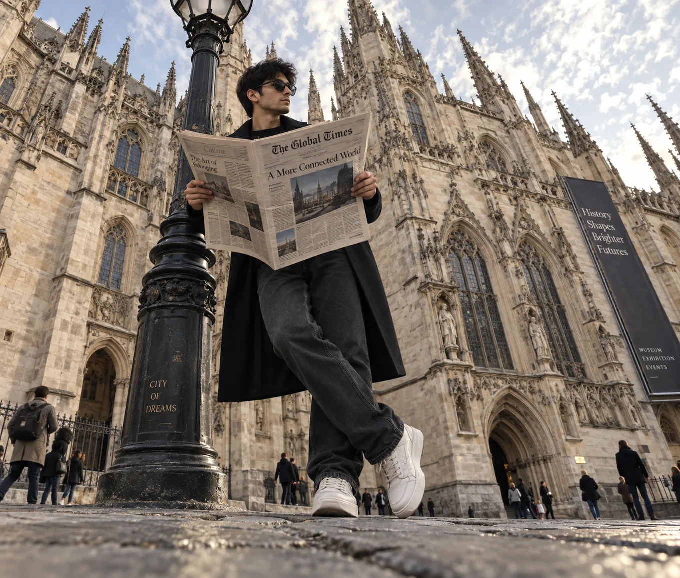 Convert into a hyper-realistic editorial street fashion photograph of a male(face