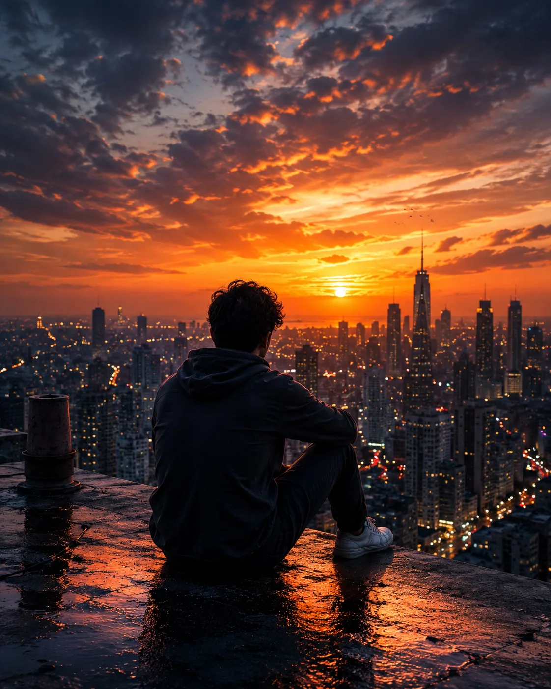 Cinematic photo of a lone person sitting on the edge of