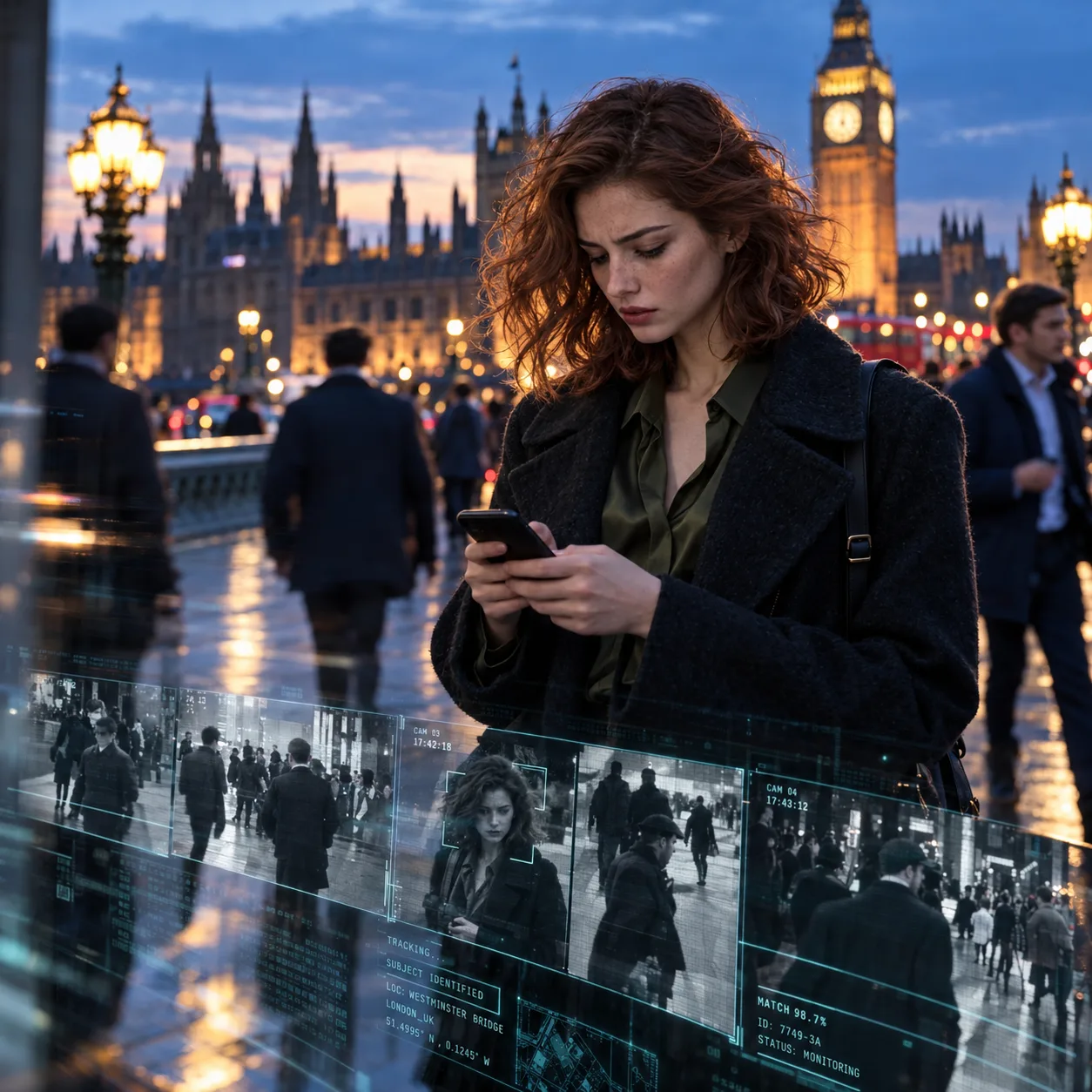 Cinematic spy-thriller street photograph of a young woman with wavy, copper-auburn