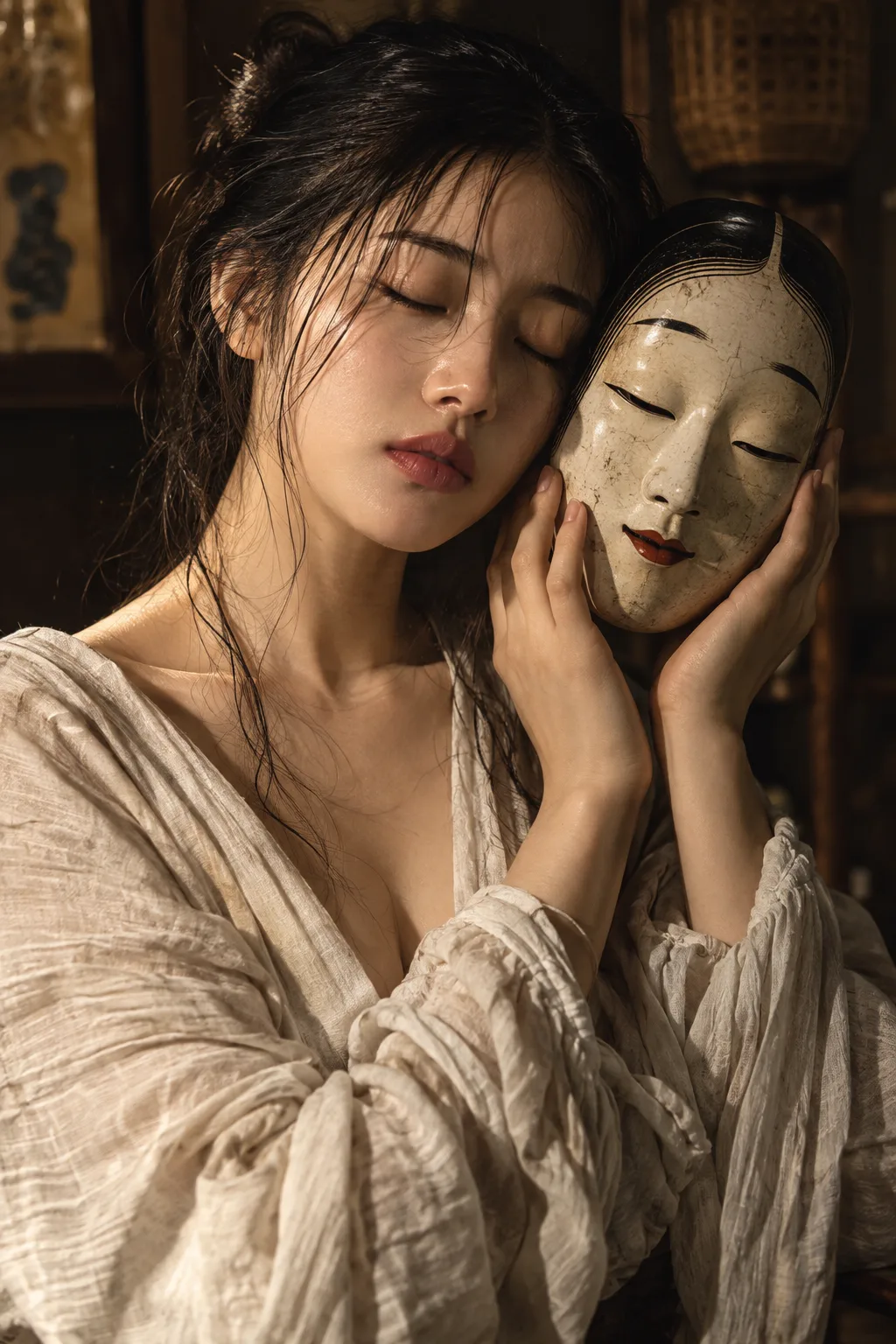 A cinematic close-up portrait of a young East Asian woman with