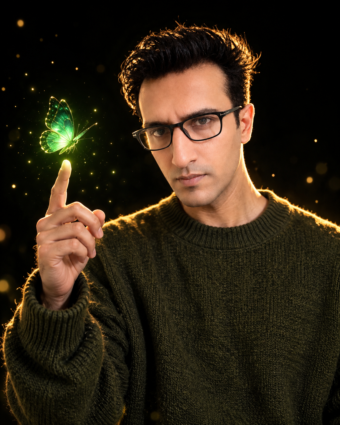 Cinematic portrait of a young man against a deep black background