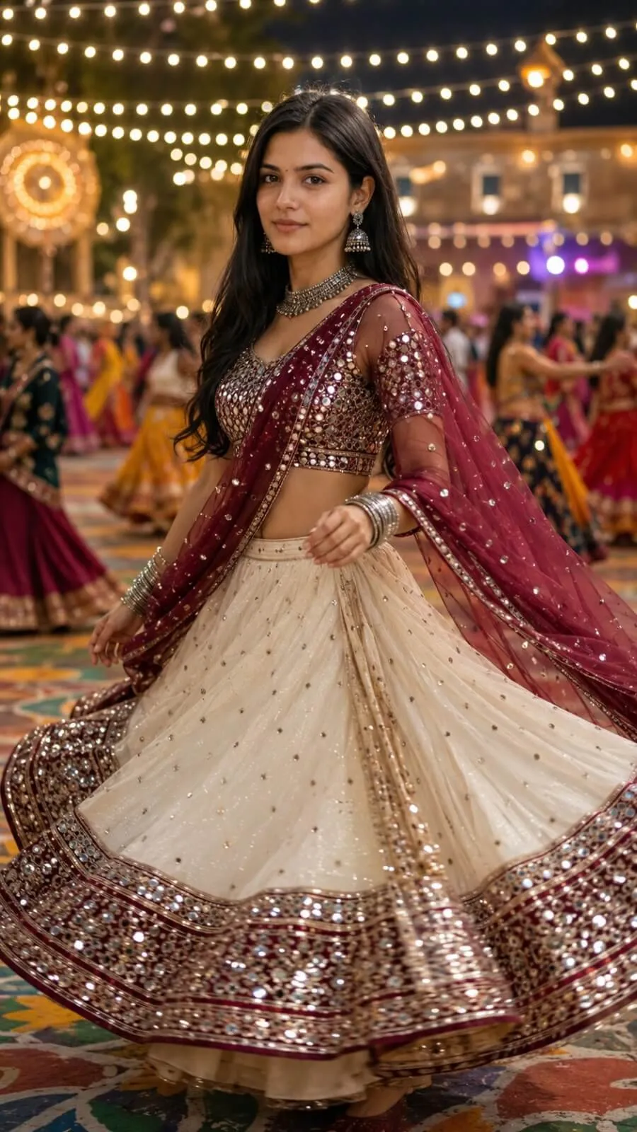 Twirling in Ivory and Maroon Garba Outfit