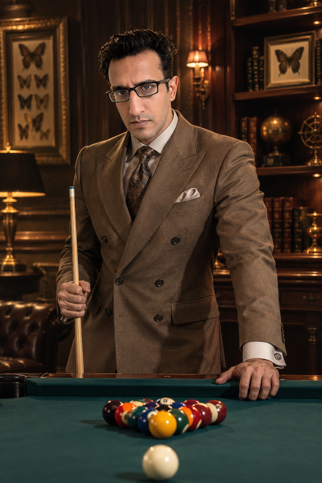 Realistic cinematic portrait of a man standing at a pool table