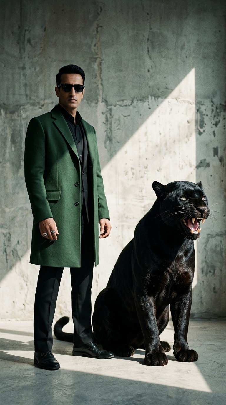 Vertical high-fashion editorial scene featuring a tall man (image Uploaded) in