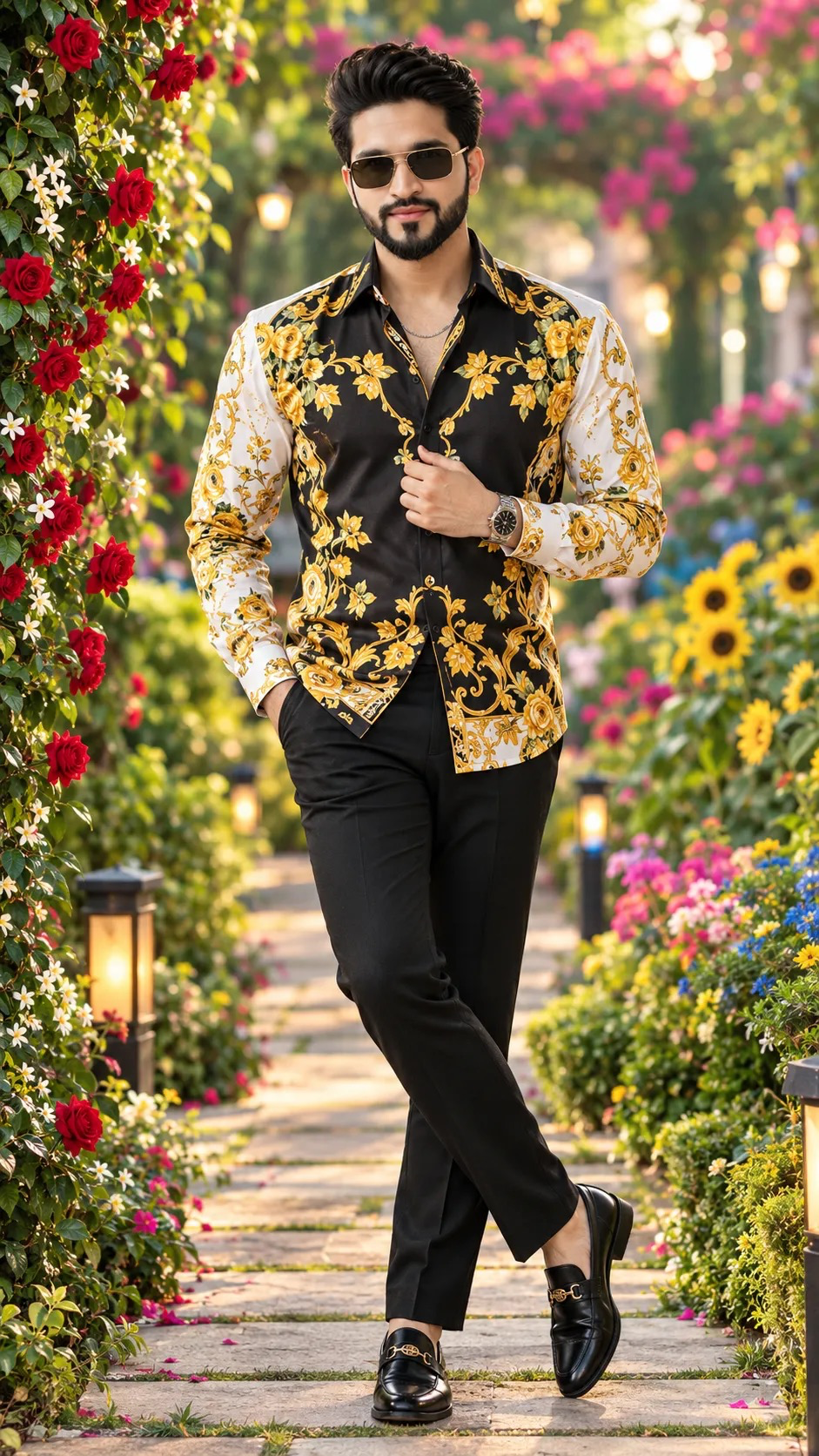 golden-yellow floral pattern shirt