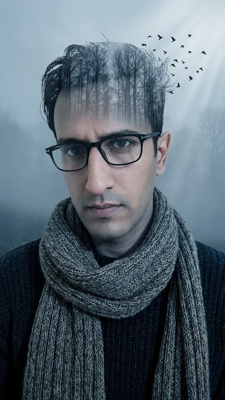 A cinematic double exposure portrait of a handsome young man with