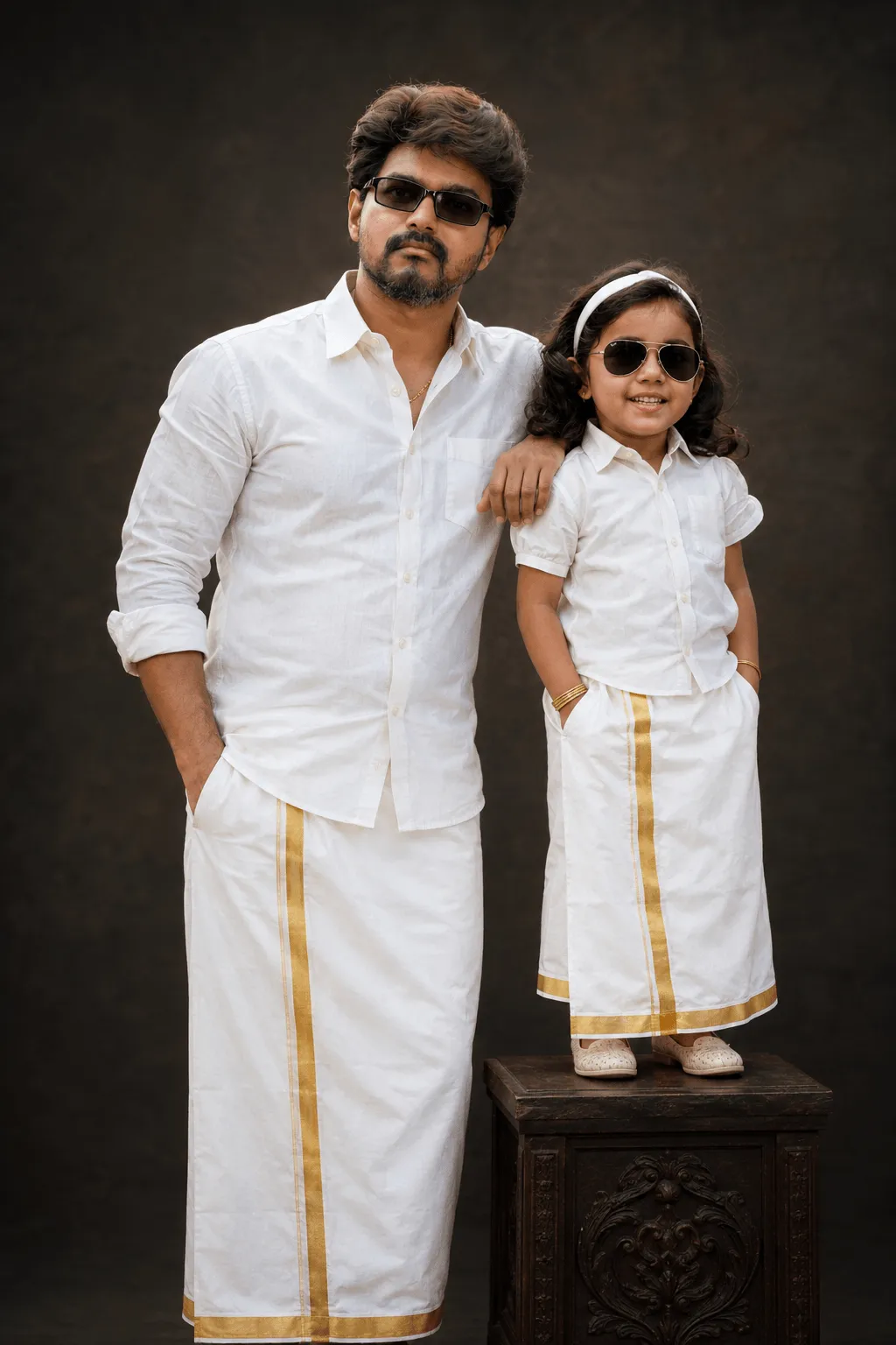 Father and daughter south india veshti dhoti shirt golder border