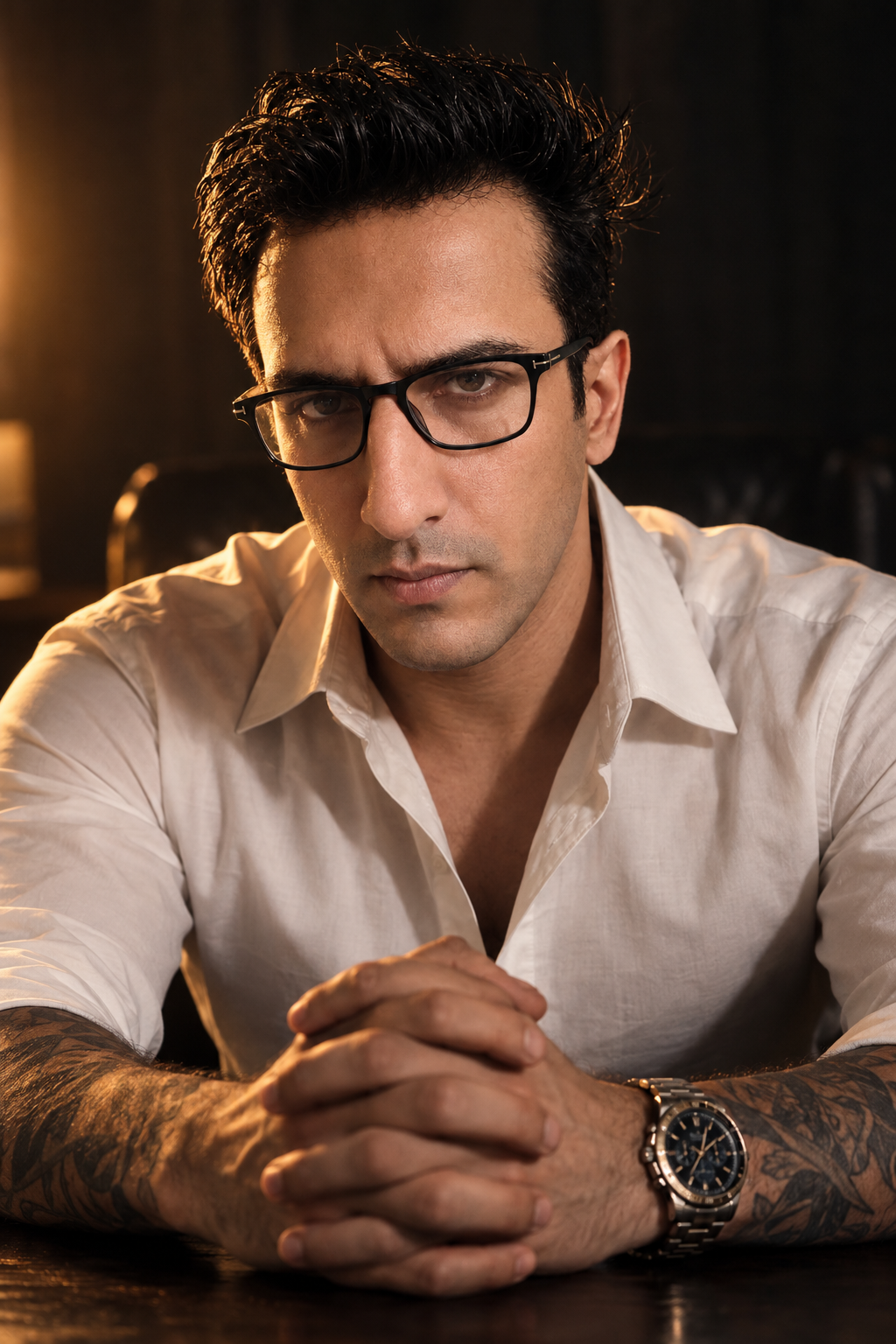 Cinematic, ultra-realistic studio portrait of the same man, preserving his facial