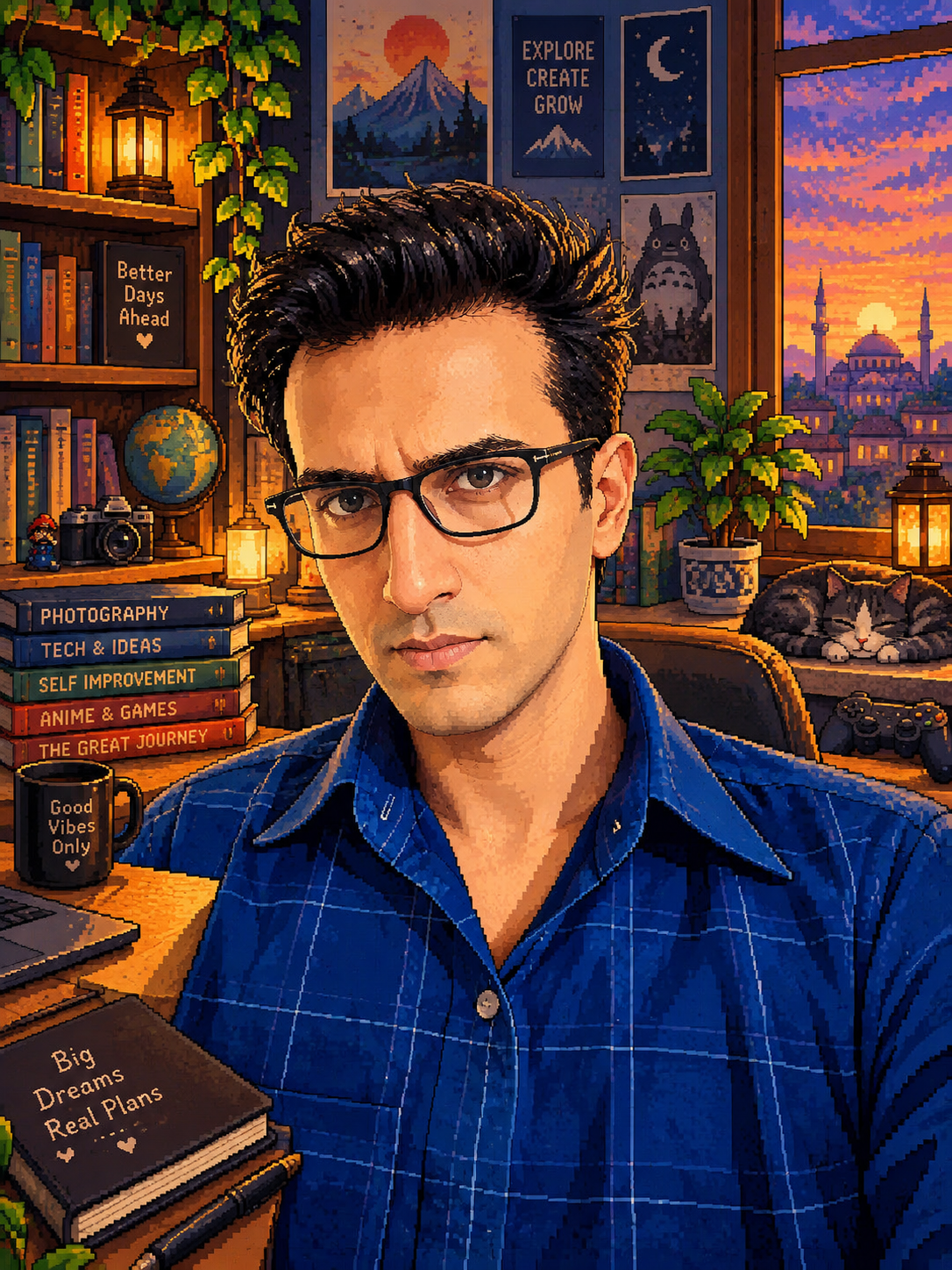 Transform the uploaded photo into a highly detailed handcrafted pixel-art illustration