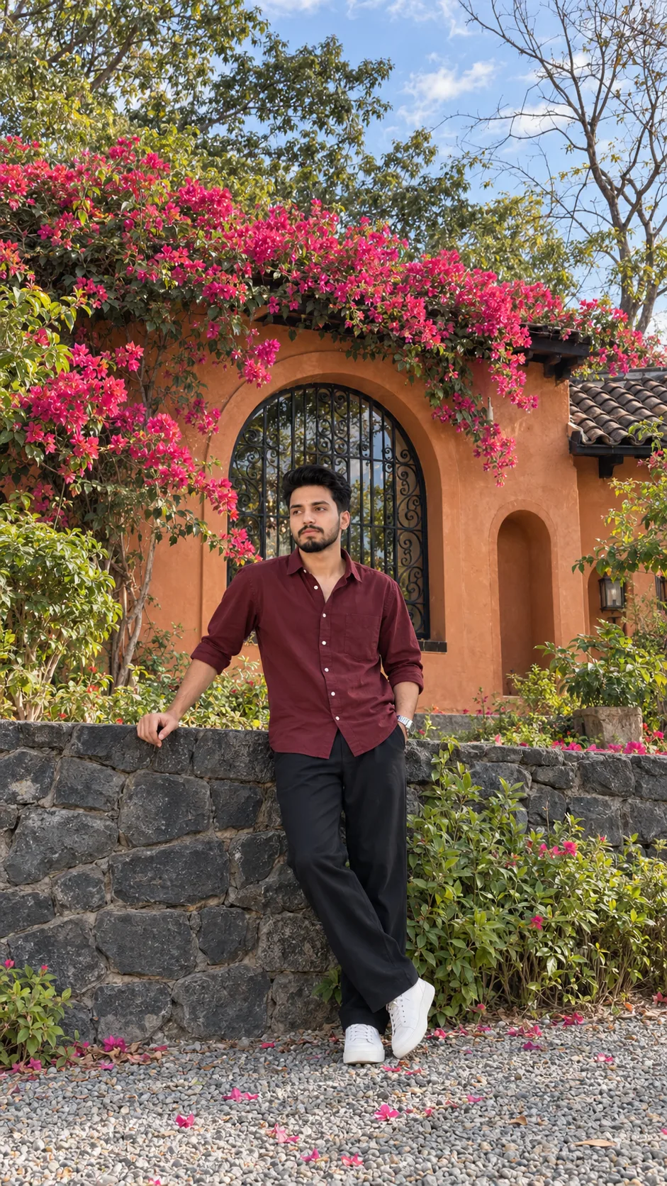 Ultra Realistic DSLR Portrait at Rustic Garden Courtyard.