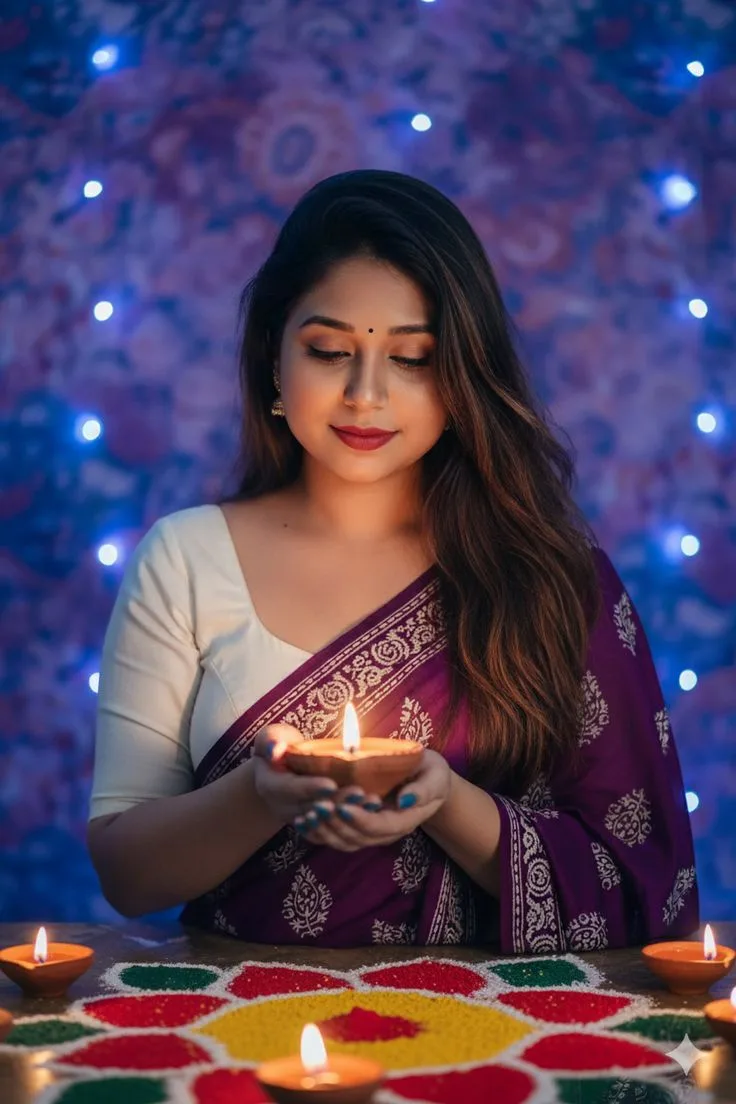 Devotional Festive Diwali Portrait of Young Woman Holding Lit Diya Over Rangoli