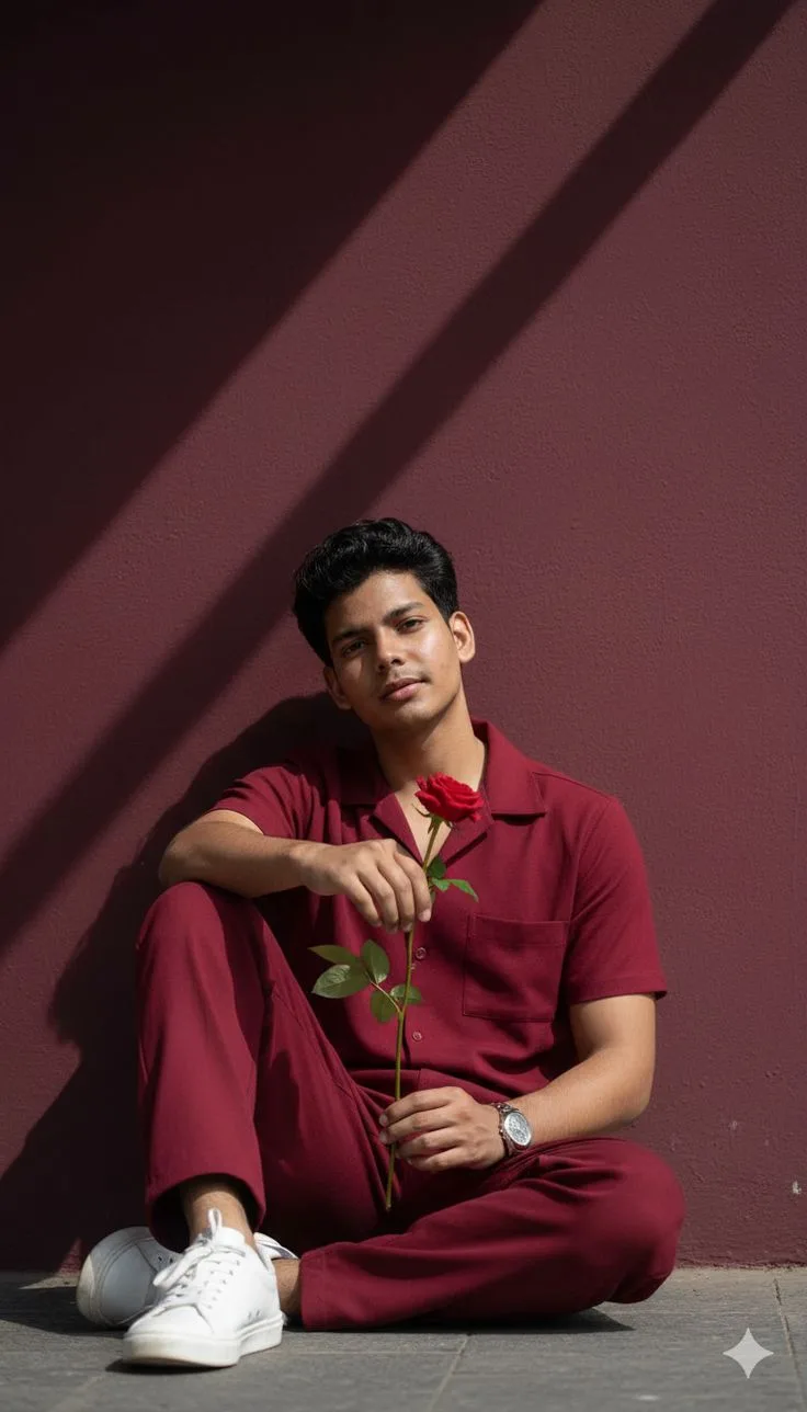 Candid Young Man in Maroon Co-ord Set Sitting on Floor Holding a Red Rose