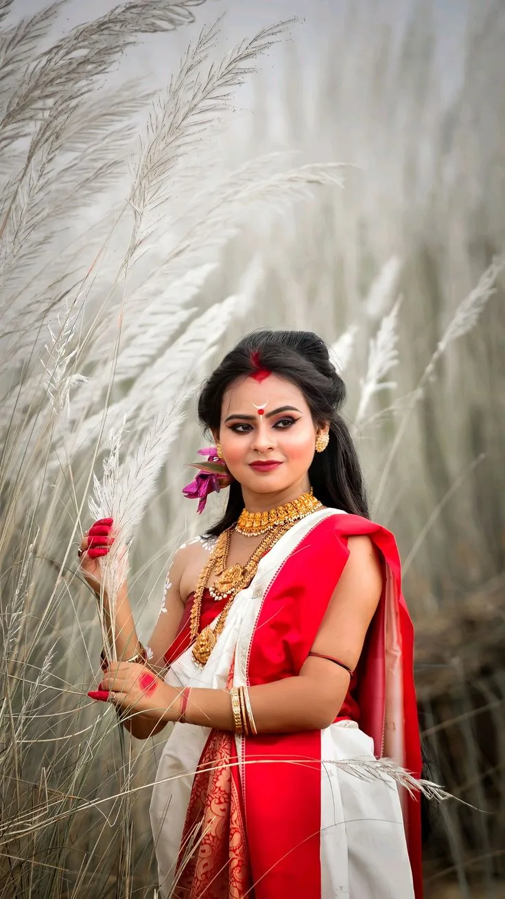 Festive Bengali Durga Puja Portrait of Young Woman in Lal Paar Saree Amidst Kash Phool Field