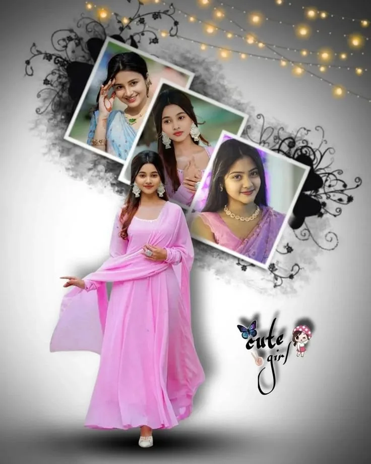 Creative Multi-Photo Floral Collage of Young Woman in Pastel Pink Anarkali