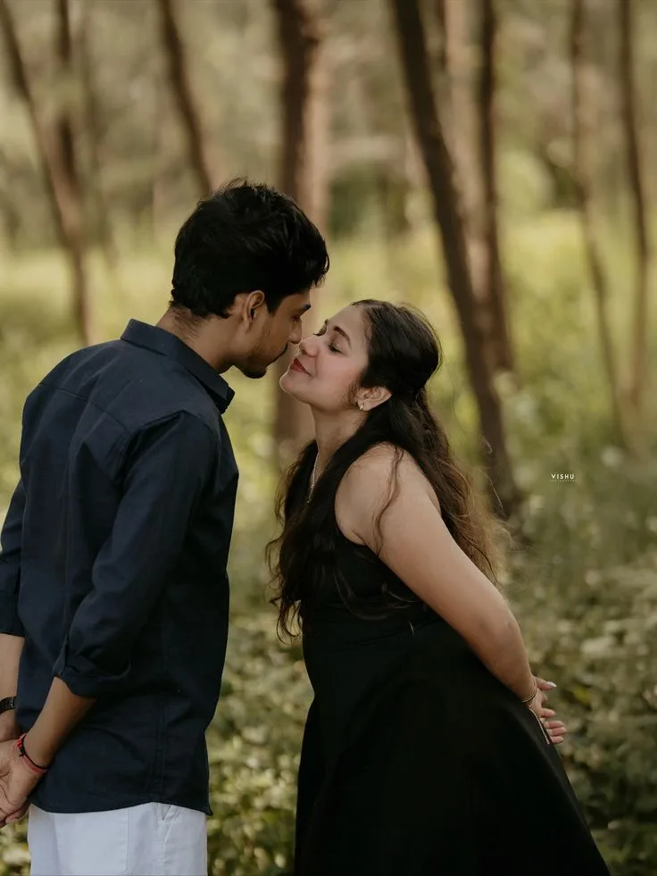 Candid Outdoor Pre-Wedding Portrait of Indian Couple in Forest Grove