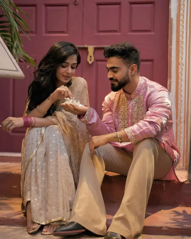 Candid Indian Couple in Festive Ethnic Attire on Heritage Steps