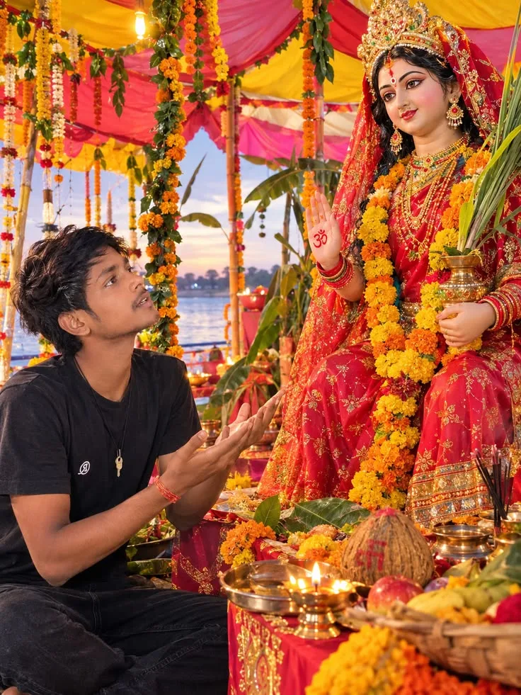 Devotional Chhath Puja Scene of Devotee Kneeling in Reverence Before Goddess Chhathi Maiya